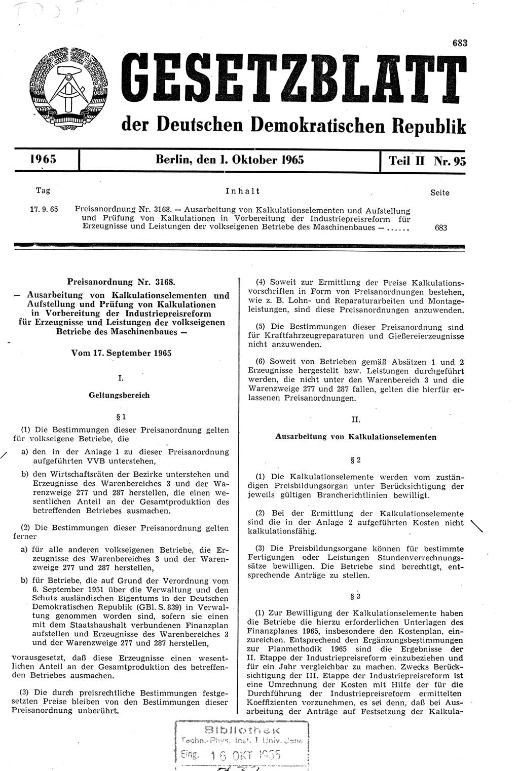 Gesetzblatt (GBl.) der Deutschen Demokratischen Republik (DDR) Teil ⅠⅠ 1965, Seite 683 (GBl. DDR ⅠⅠ 1965, S. 683)