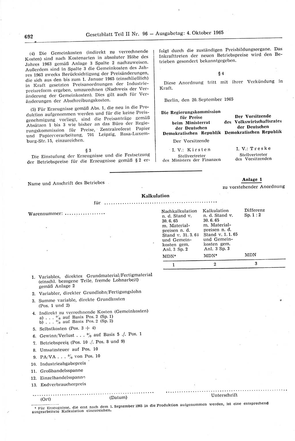 Gesetzblatt (GBl.) der Deutschen Demokratischen Republik (DDR) Teil ⅠⅠ 1965, Seite 692 (GBl. DDR ⅠⅠ 1965, S. 692)
