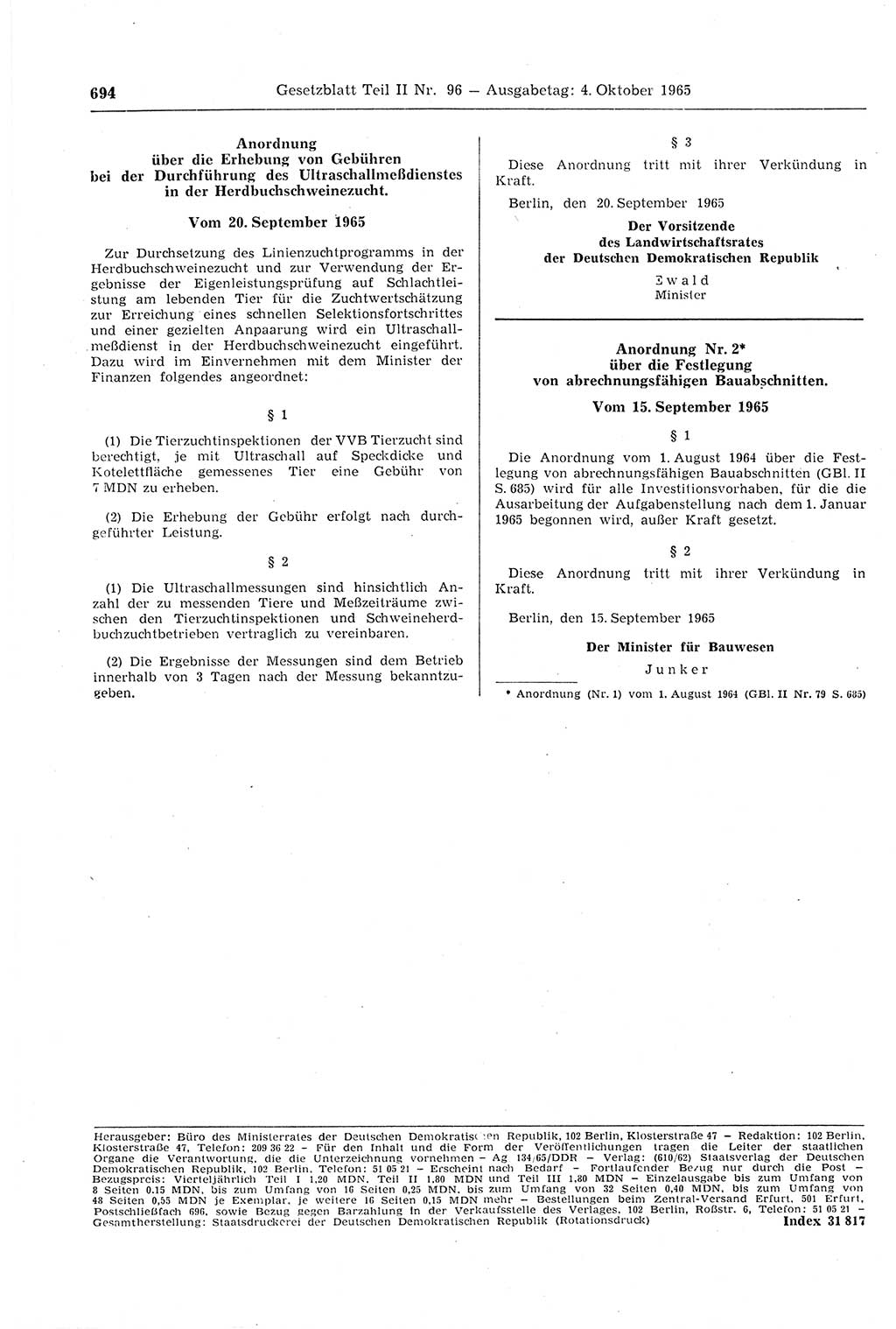 Gesetzblatt (GBl.) der Deutschen Demokratischen Republik (DDR) Teil ⅠⅠ 1965, Seite 694 (GBl. DDR ⅠⅠ 1965, S. 694)