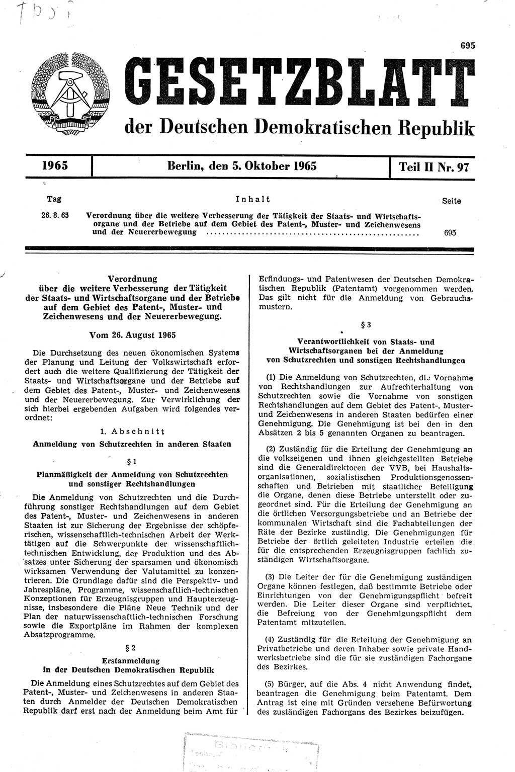 Gesetzblatt (GBl.) der Deutschen Demokratischen Republik (DDR) Teil ⅠⅠ 1965, Seite 695 (GBl. DDR ⅠⅠ 1965, S. 695)