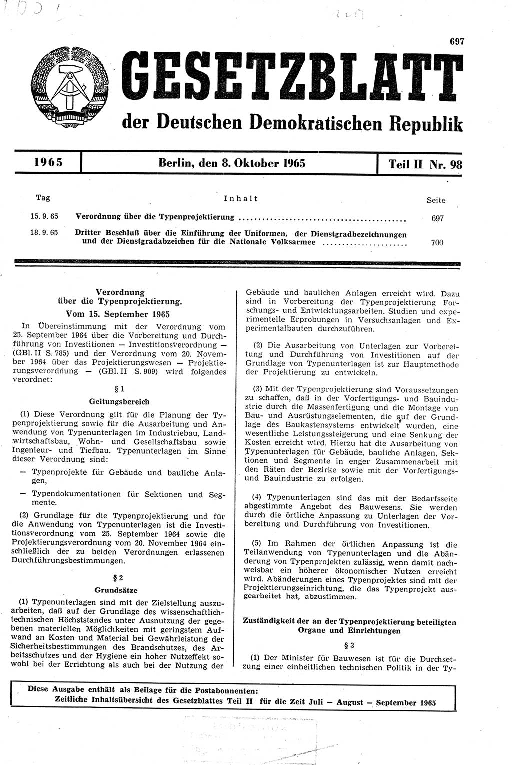 Gesetzblatt (GBl.) der Deutschen Demokratischen Republik (DDR) Teil ⅠⅠ 1965, Seite 697 (GBl. DDR ⅠⅠ 1965, S. 697)