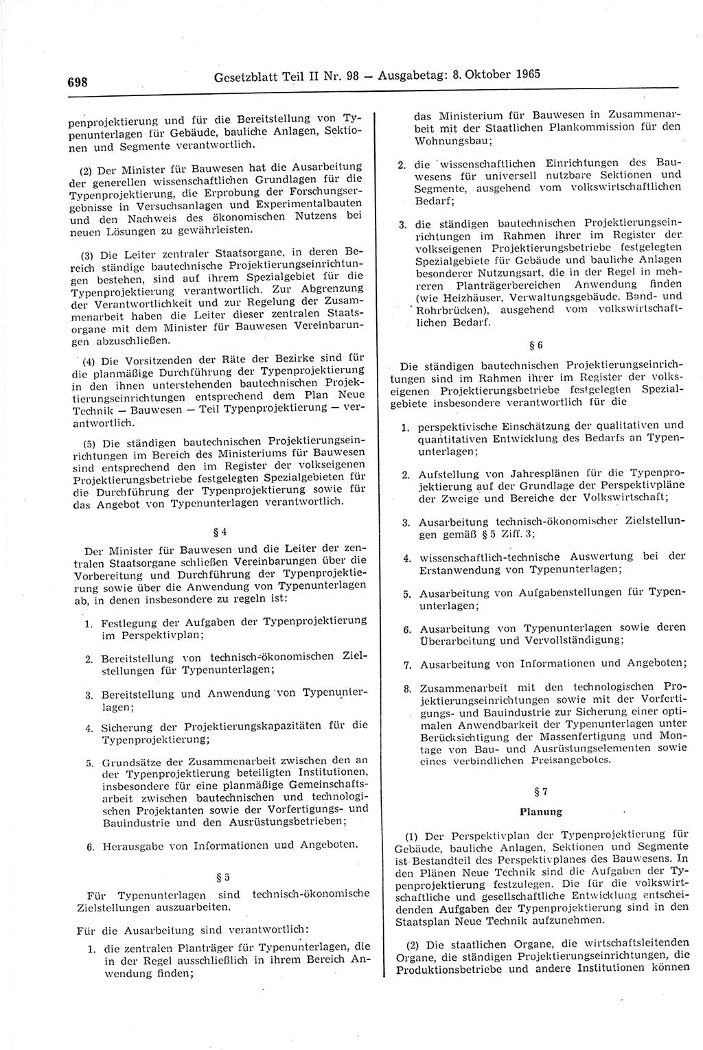 Gesetzblatt (GBl.) der Deutschen Demokratischen Republik (DDR) Teil ⅠⅠ 1965, Seite 698 (GBl. DDR ⅠⅠ 1965, S. 698)