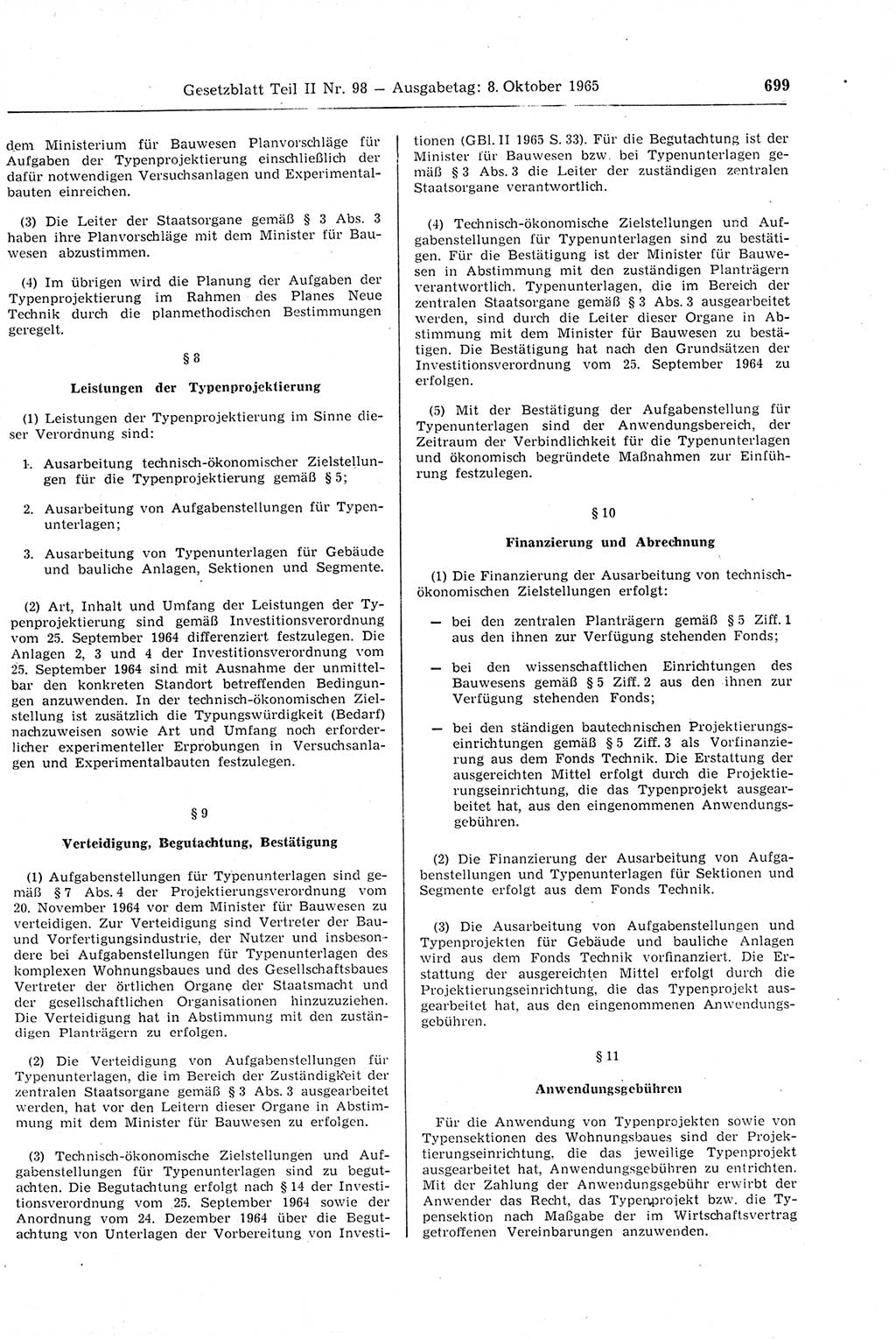 Gesetzblatt (GBl.) der Deutschen Demokratischen Republik (DDR) Teil ⅠⅠ 1965, Seite 699 (GBl. DDR ⅠⅠ 1965, S. 699)