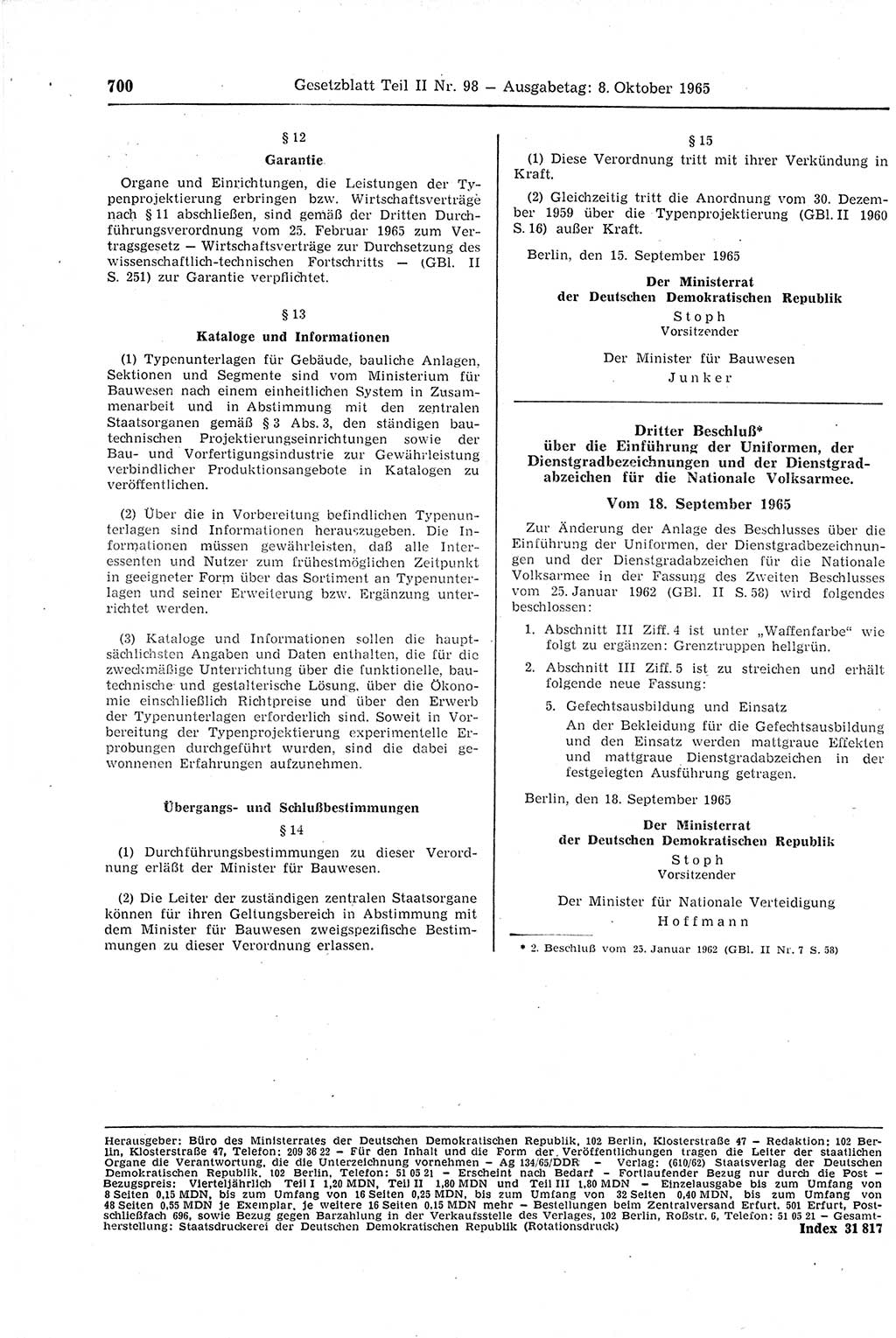 Gesetzblatt (GBl.) der Deutschen Demokratischen Republik (DDR) Teil ⅠⅠ 1965, Seite 700 (GBl. DDR ⅠⅠ 1965, S. 700)