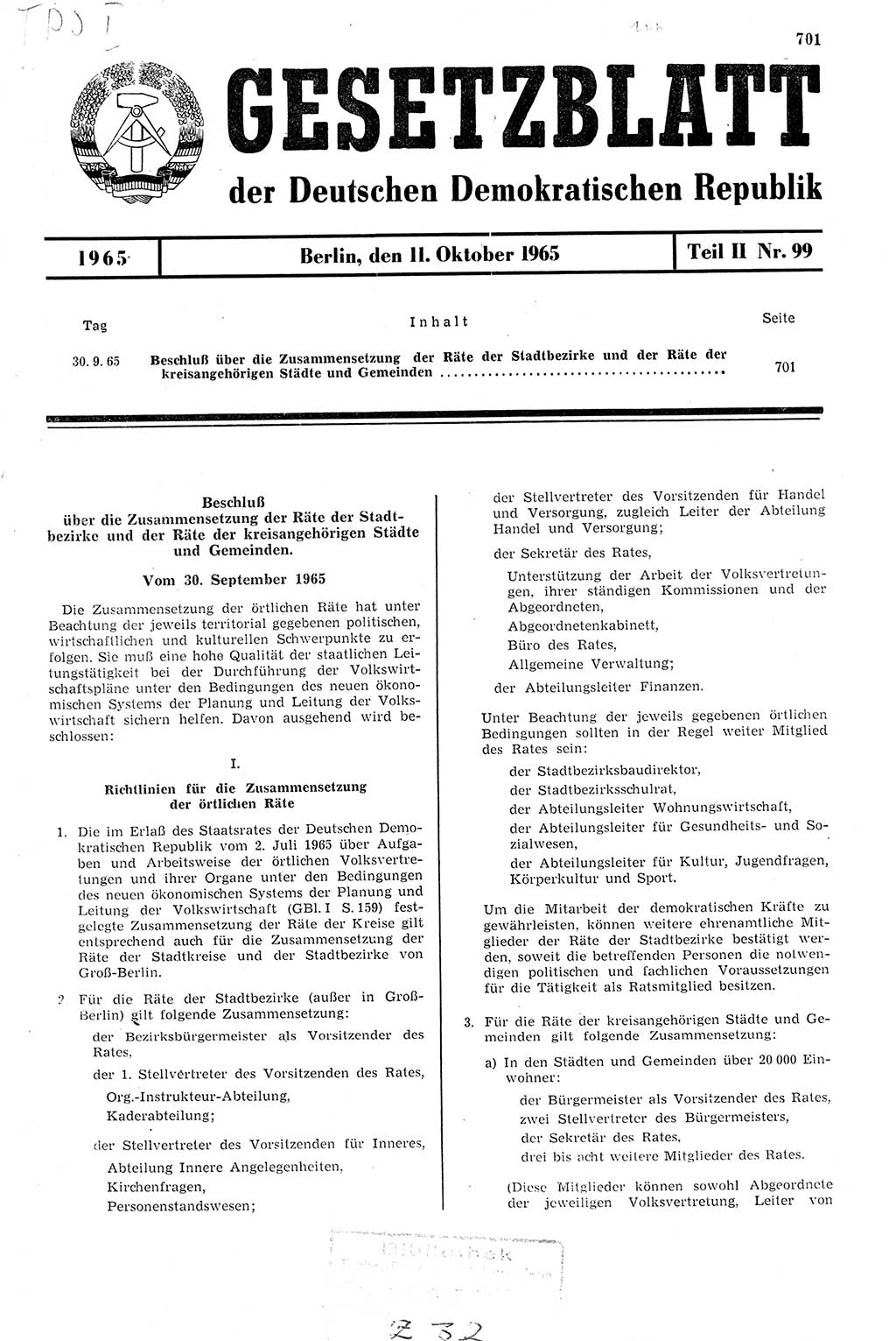 Gesetzblatt (GBl.) der Deutschen Demokratischen Republik (DDR) Teil ⅠⅠ 1965, Seite 701 (GBl. DDR ⅠⅠ 1965, S. 701)