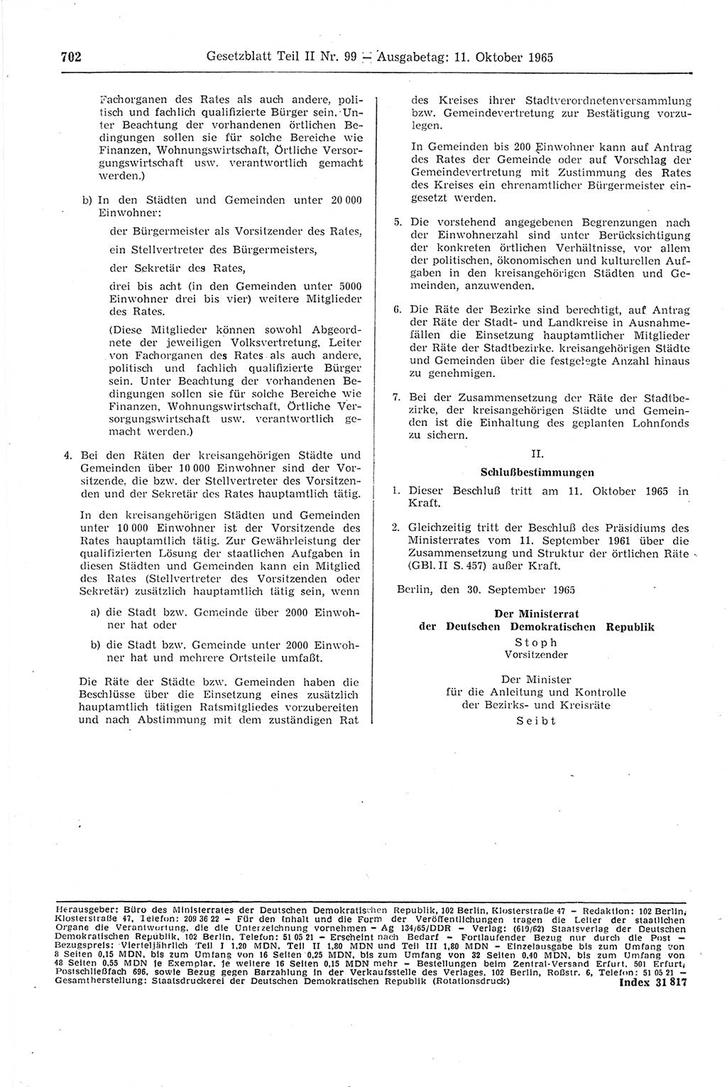 Gesetzblatt (GBl.) der Deutschen Demokratischen Republik (DDR) Teil ⅠⅠ 1965, Seite 702 (GBl. DDR ⅠⅠ 1965, S. 702)