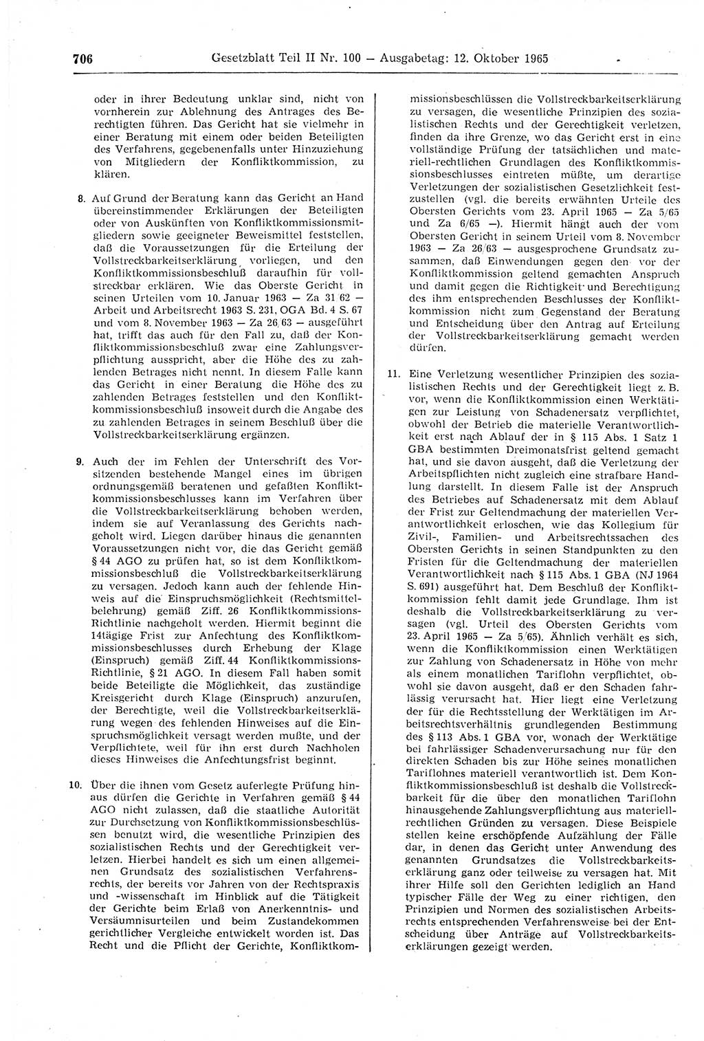 Gesetzblatt (GBl.) der Deutschen Demokratischen Republik (DDR) Teil ⅠⅠ 1965, Seite 706 (GBl. DDR ⅠⅠ 1965, S. 706)