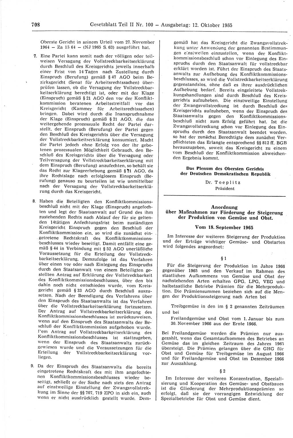 Gesetzblatt (GBl.) der Deutschen Demokratischen Republik (DDR) Teil ⅠⅠ 1965, Seite 708 (GBl. DDR ⅠⅠ 1965, S. 708)