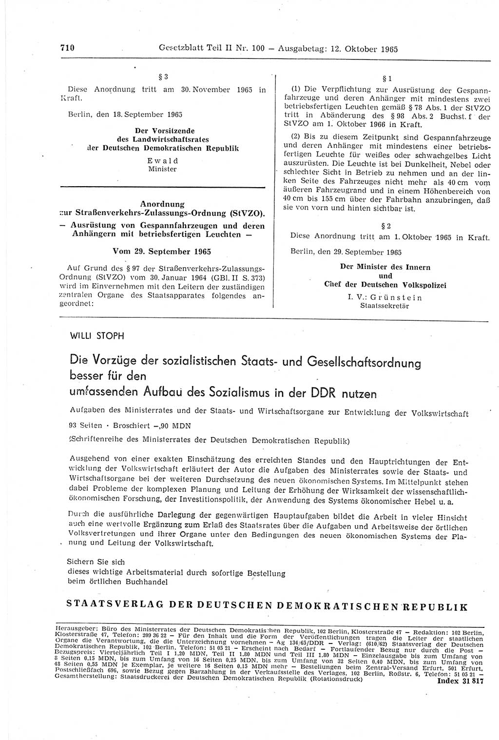 Gesetzblatt (GBl.) der Deutschen Demokratischen Republik (DDR) Teil ⅠⅠ 1965, Seite 710 (GBl. DDR ⅠⅠ 1965, S. 710)