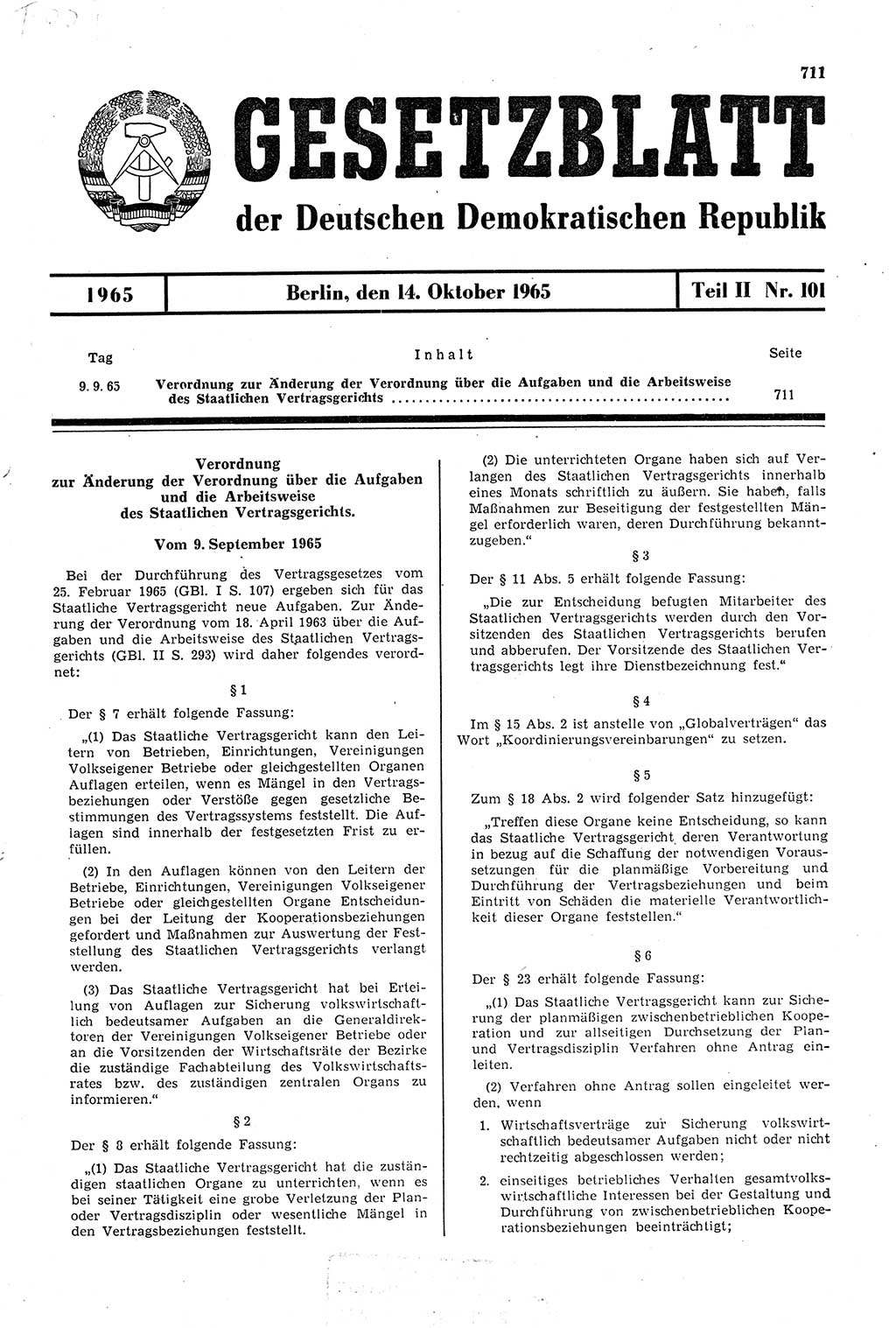 Gesetzblatt (GBl.) der Deutschen Demokratischen Republik (DDR) Teil ⅠⅠ 1965, Seite 711 (GBl. DDR ⅠⅠ 1965, S. 711)