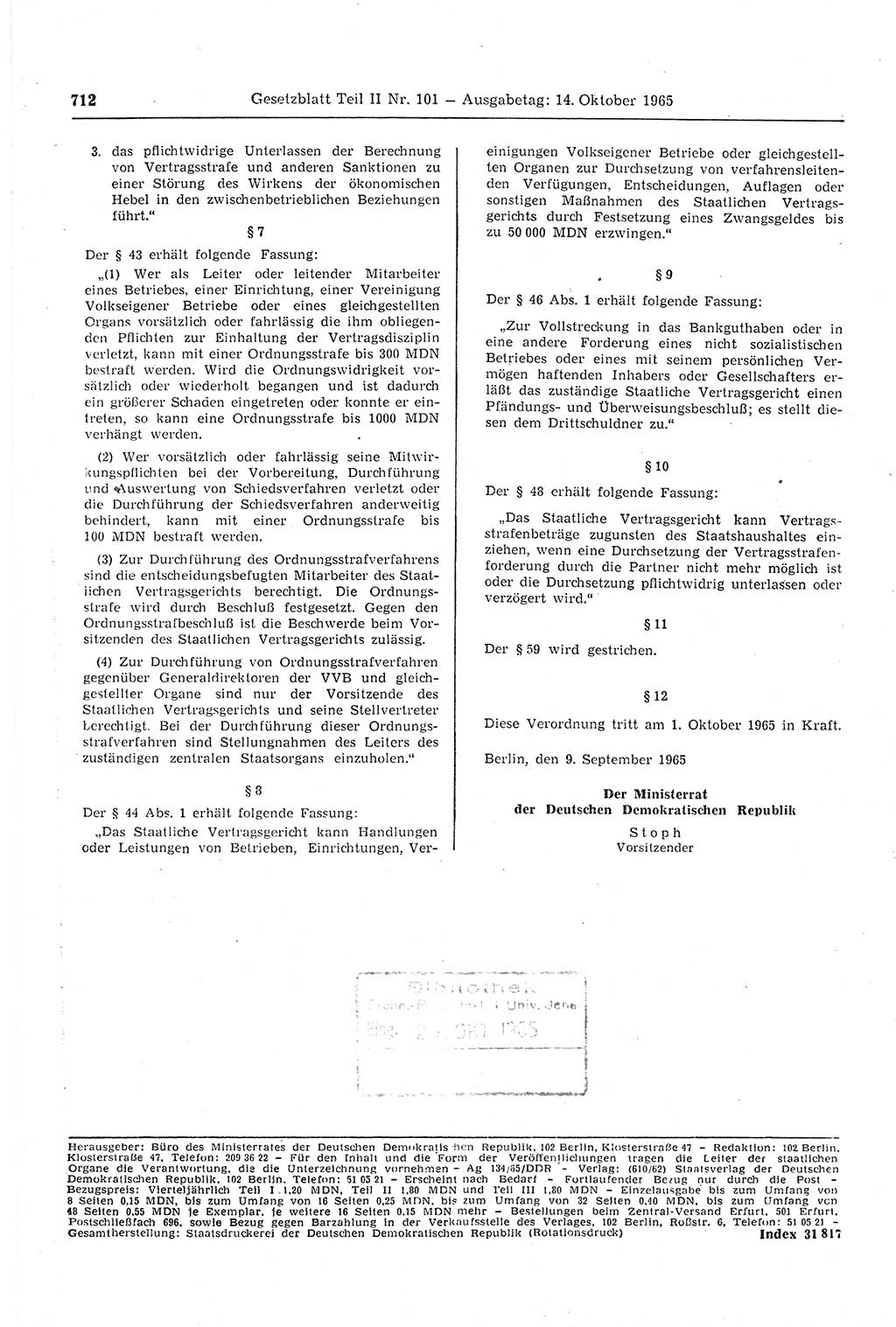 Gesetzblatt (GBl.) der Deutschen Demokratischen Republik (DDR) Teil ⅠⅠ 1965, Seite 712 (GBl. DDR ⅠⅠ 1965, S. 712)