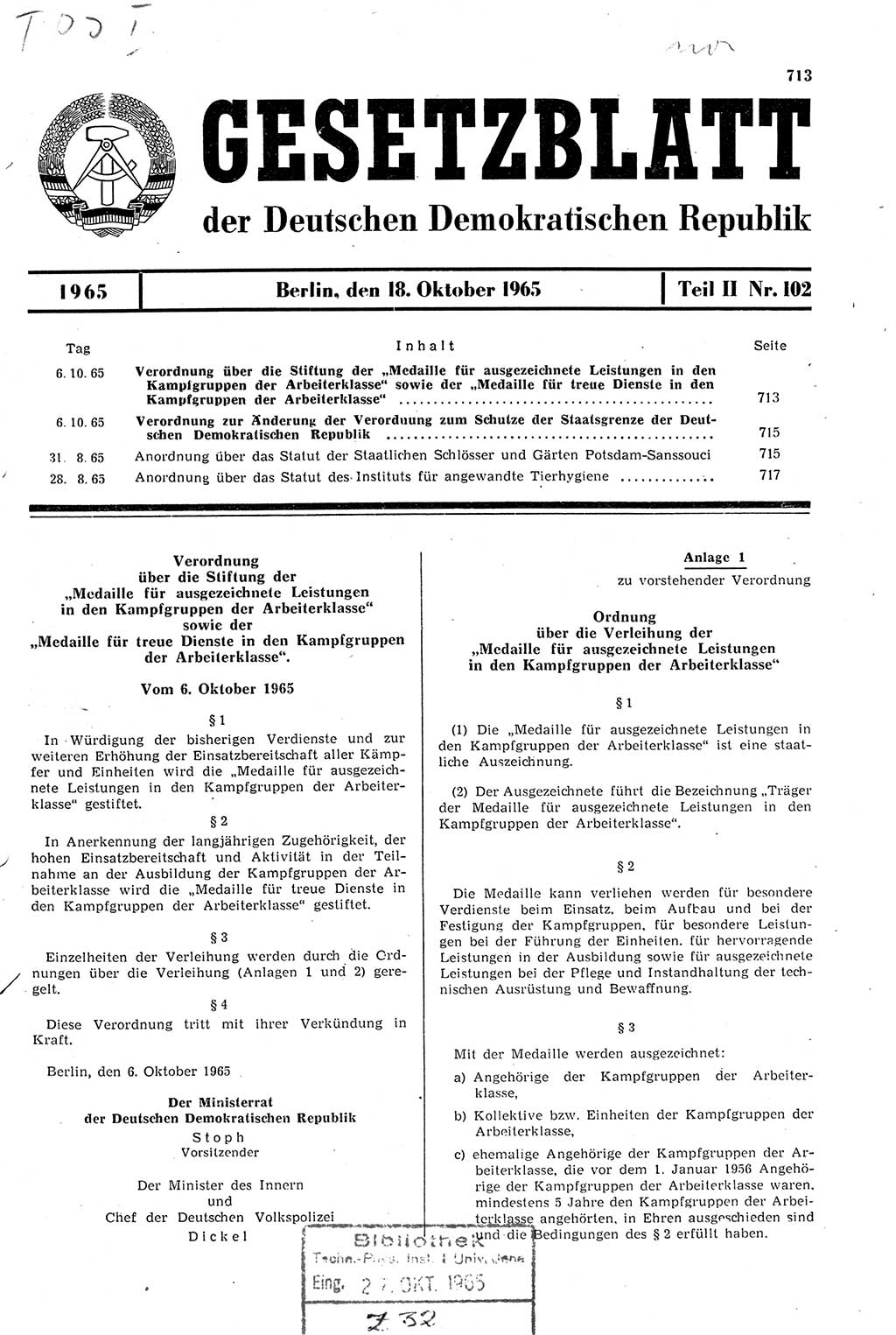 Gesetzblatt (GBl.) der Deutschen Demokratischen Republik (DDR) Teil ⅠⅠ 1965, Seite 713 (GBl. DDR ⅠⅠ 1965, S. 713)
