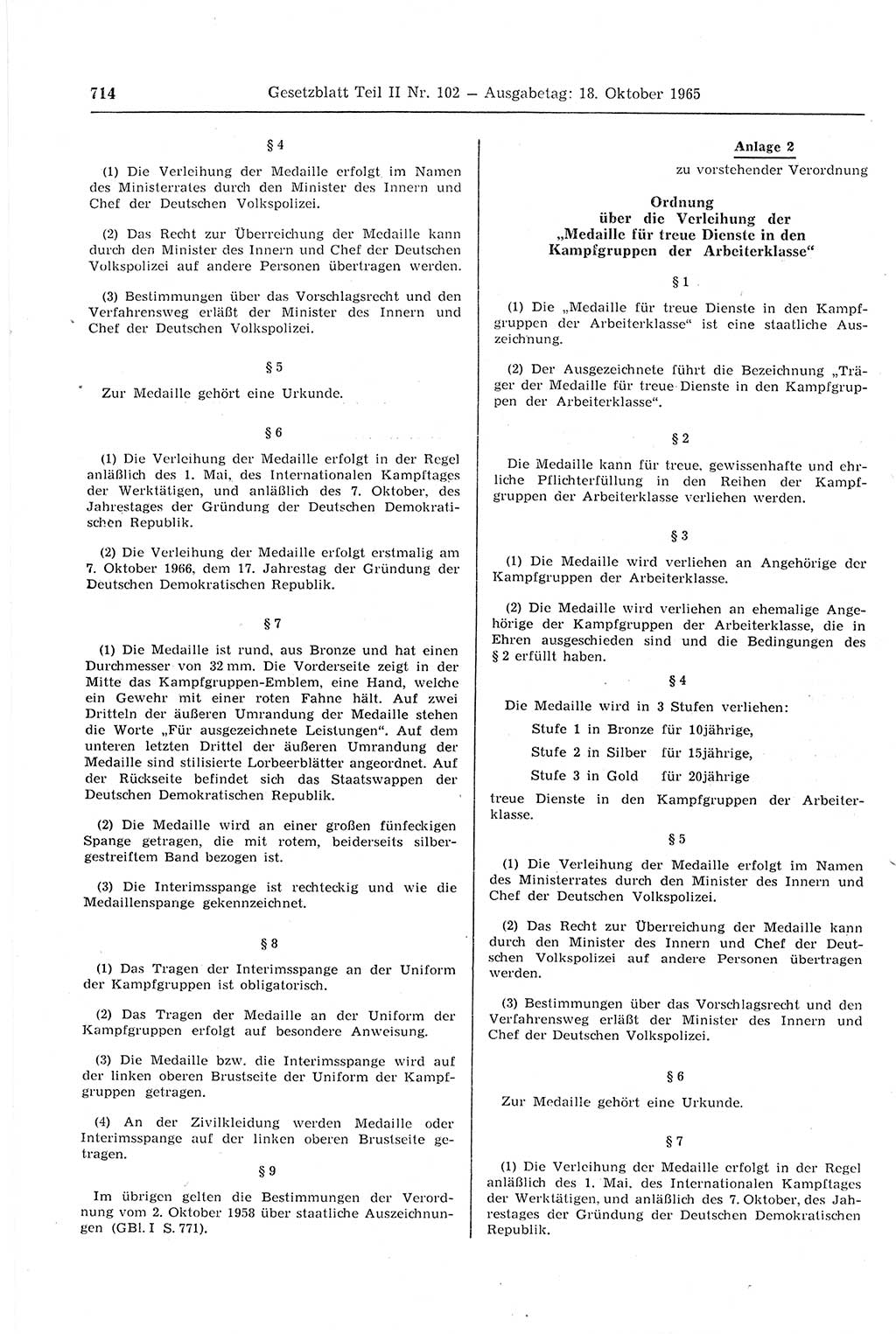 Gesetzblatt (GBl.) der Deutschen Demokratischen Republik (DDR) Teil ⅠⅠ 1965, Seite 714 (GBl. DDR ⅠⅠ 1965, S. 714)