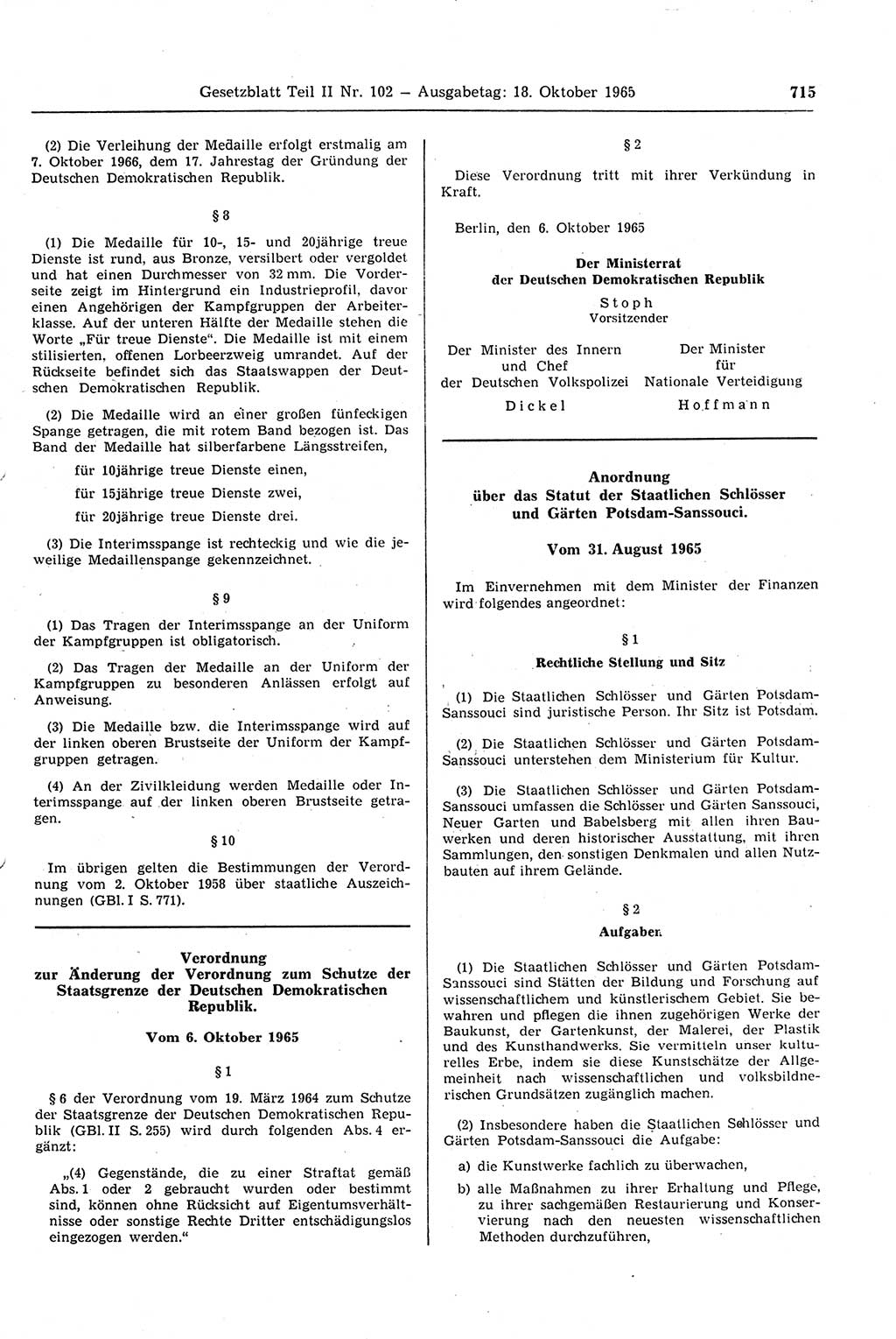 Gesetzblatt (GBl.) der Deutschen Demokratischen Republik (DDR) Teil ⅠⅠ 1965, Seite 715 (GBl. DDR ⅠⅠ 1965, S. 715)