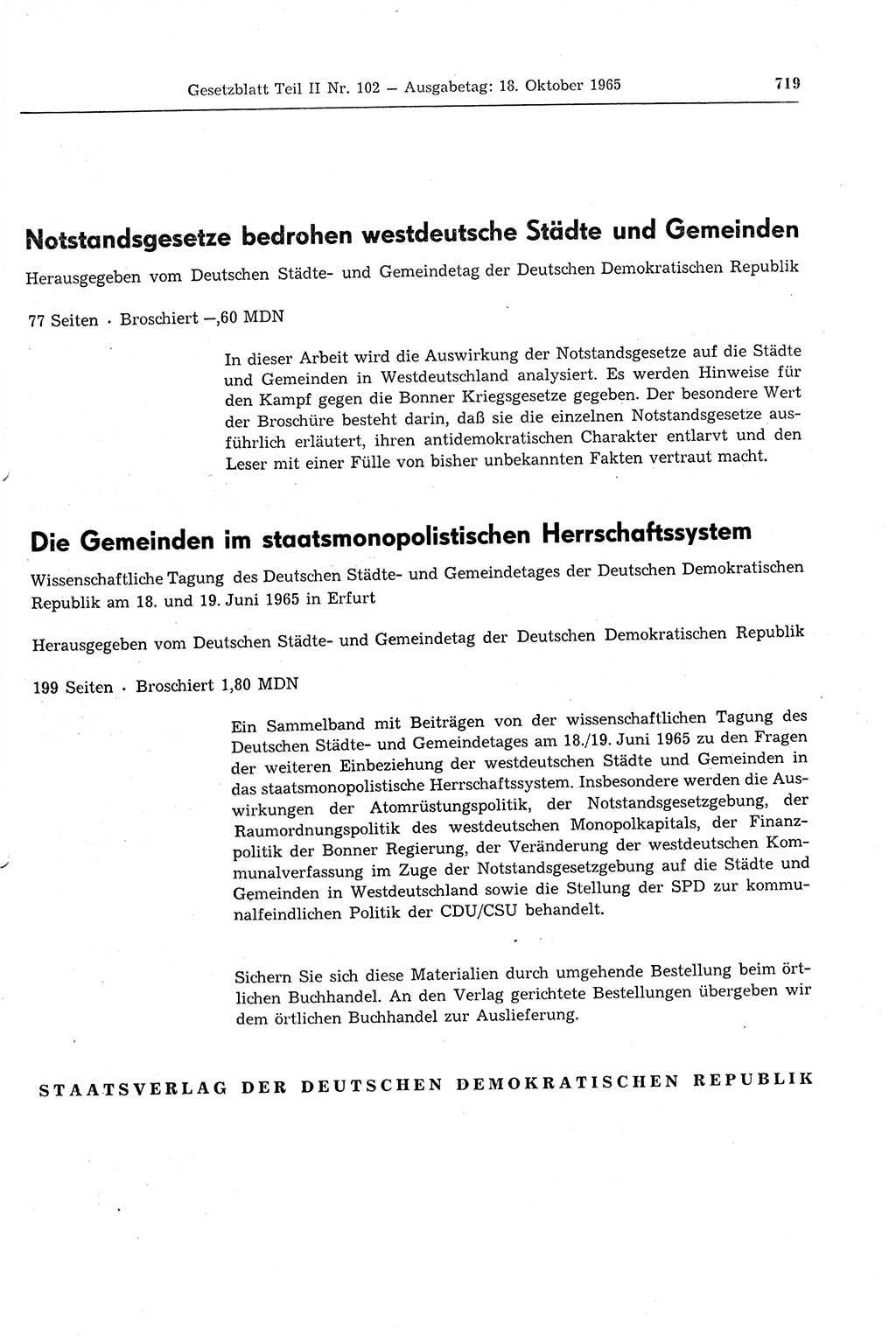 Gesetzblatt (GBl.) der Deutschen Demokratischen Republik (DDR) Teil ⅠⅠ 1965, Seite 719 (GBl. DDR ⅠⅠ 1965, S. 719)