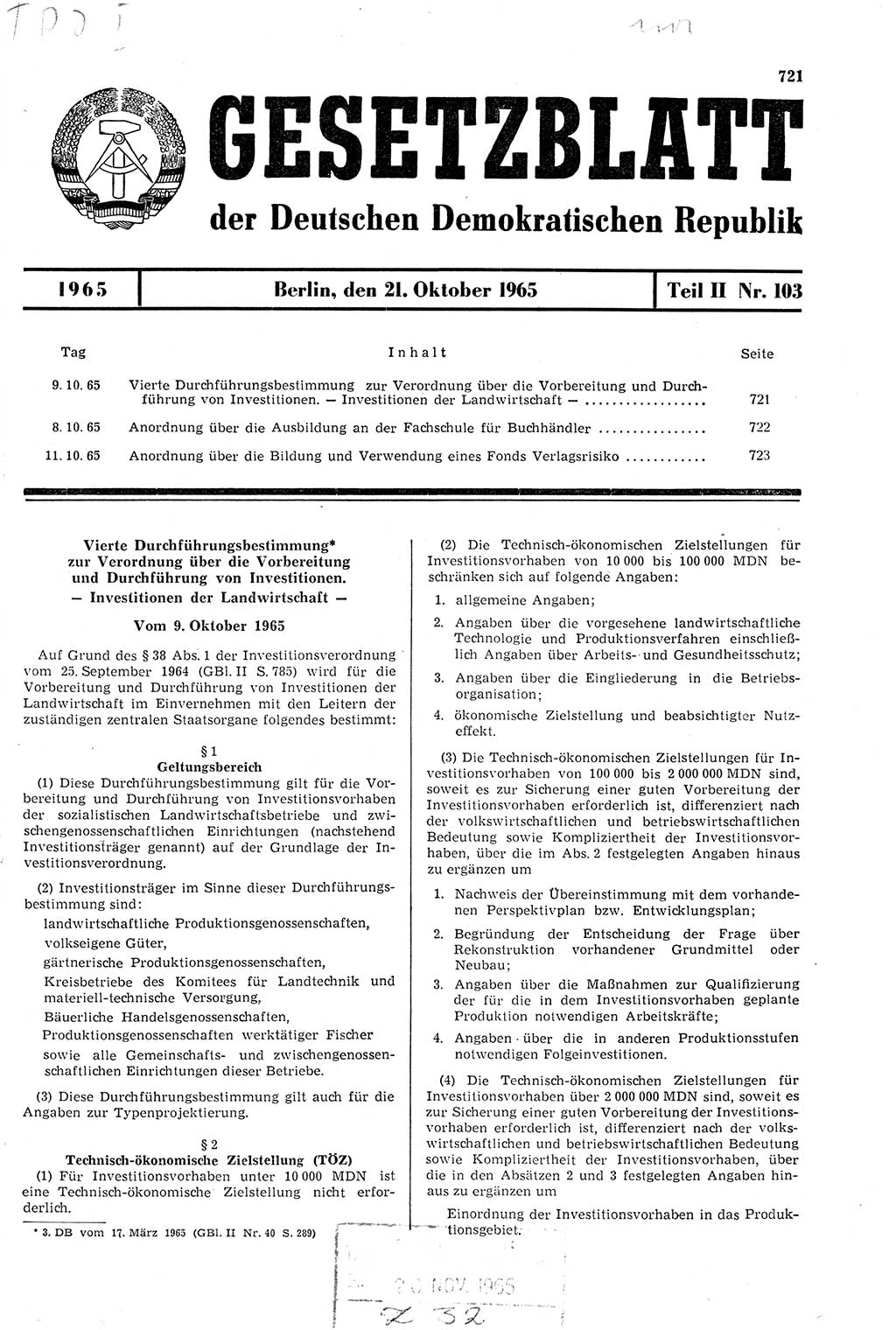 Gesetzblatt (GBl.) der Deutschen Demokratischen Republik (DDR) Teil ⅠⅠ 1965, Seite 721 (GBl. DDR ⅠⅠ 1965, S. 721)