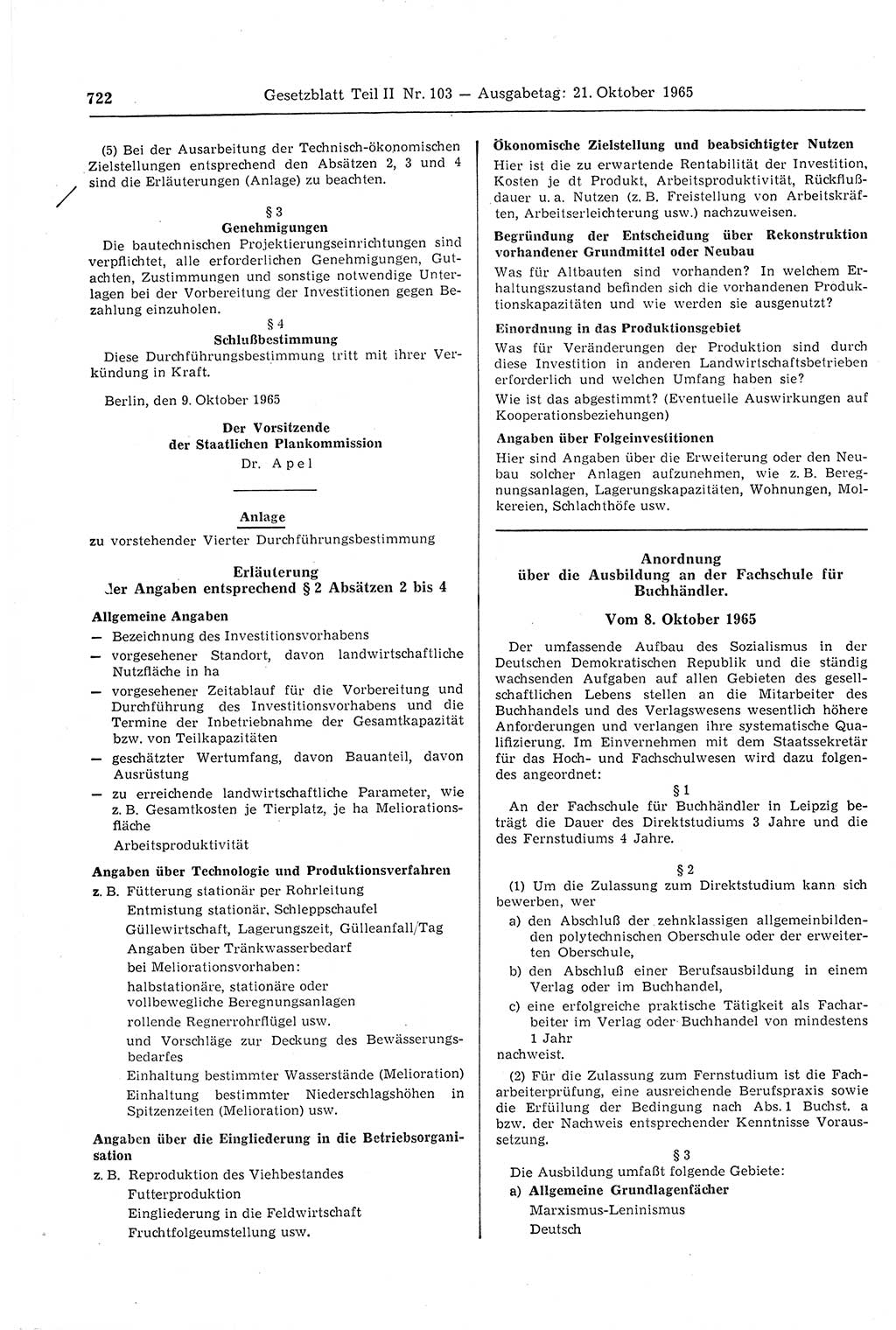 Gesetzblatt (GBl.) der Deutschen Demokratischen Republik (DDR) Teil ⅠⅠ 1965, Seite 722 (GBl. DDR ⅠⅠ 1965, S. 722)