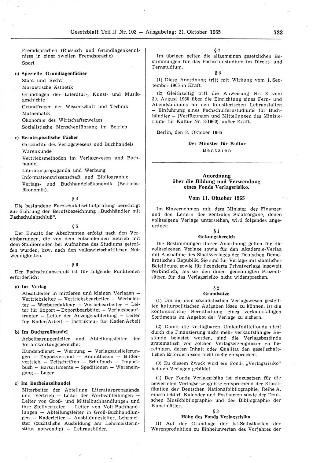 Gesetzblatt (GBl.) der Deutschen Demokratischen Republik (DDR) Teil ⅠⅠ 1965, Seite 723 (GBl. DDR ⅠⅠ 1965, S. 723)