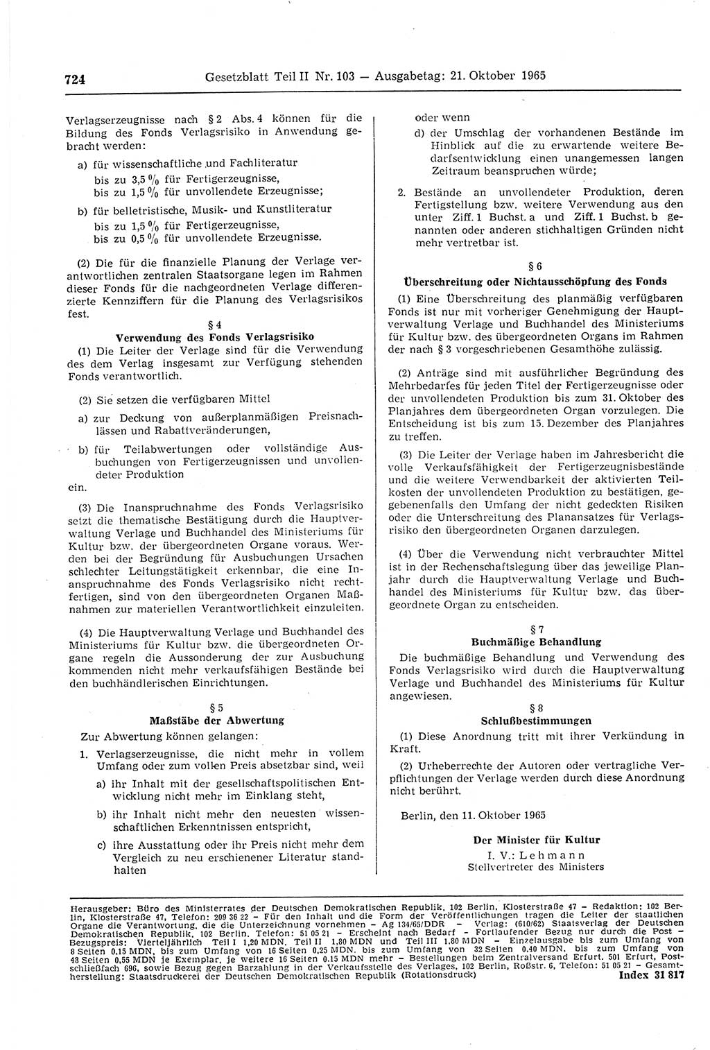 Gesetzblatt (GBl.) der Deutschen Demokratischen Republik (DDR) Teil ⅠⅠ 1965, Seite 724 (GBl. DDR ⅠⅠ 1965, S. 724)