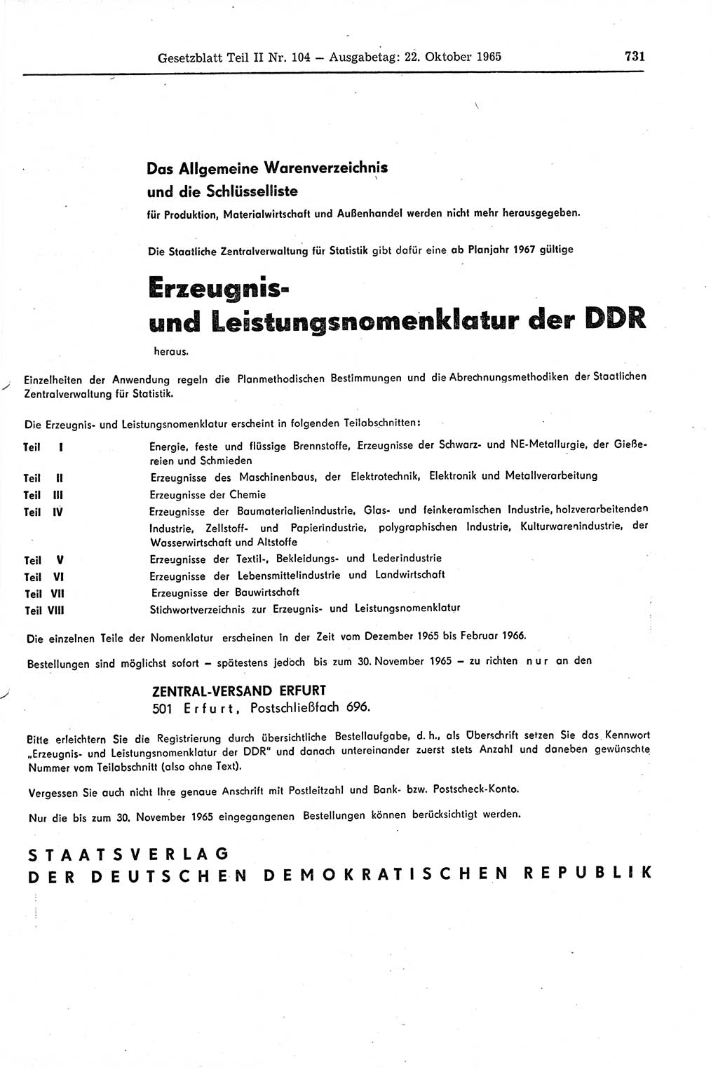 Gesetzblatt (GBl.) der Deutschen Demokratischen Republik (DDR) Teil ⅠⅠ 1965, Seite 731 (GBl. DDR ⅠⅠ 1965, S. 731)