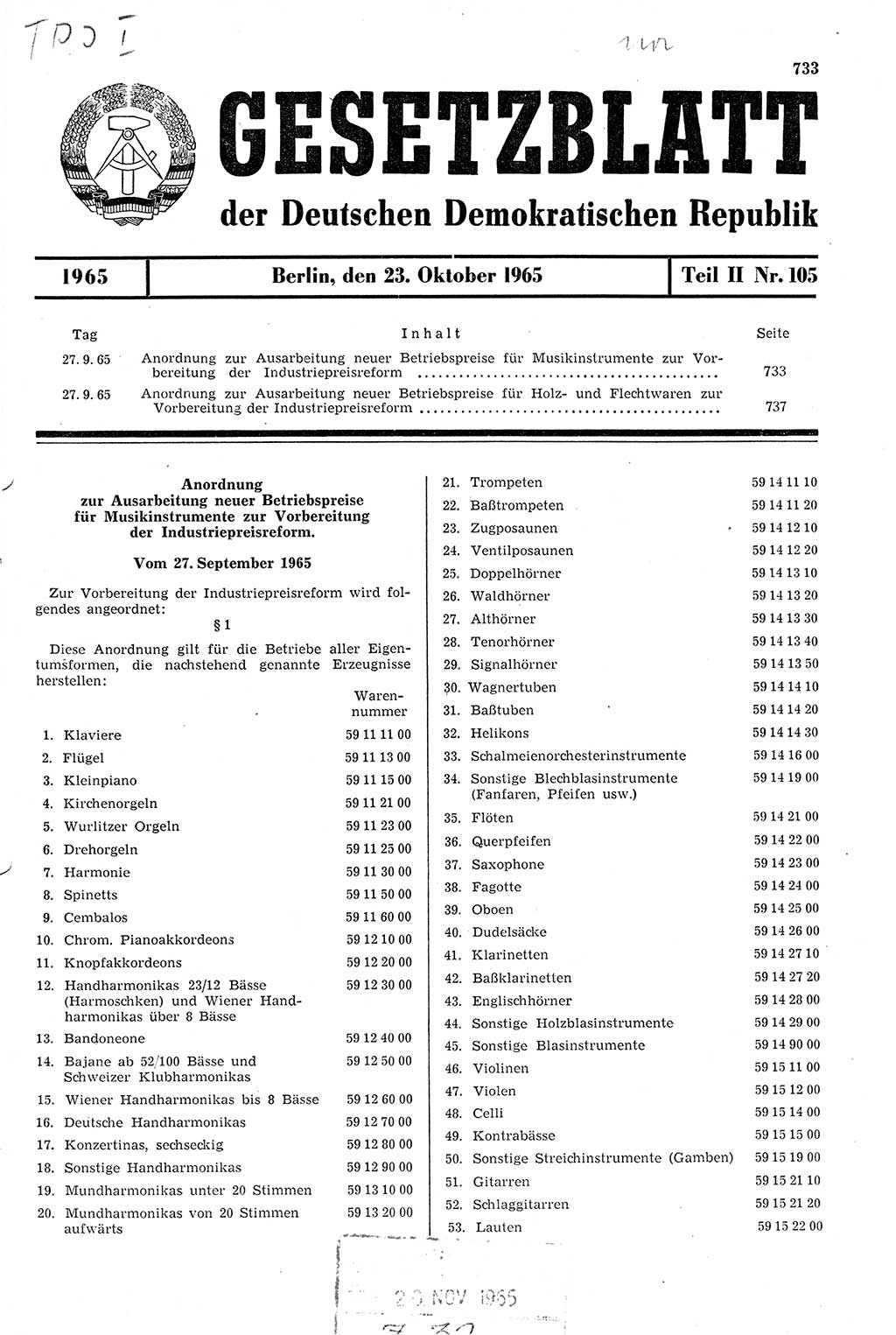 Gesetzblatt (GBl.) der Deutschen Demokratischen Republik (DDR) Teil ⅠⅠ 1965, Seite 733 (GBl. DDR ⅠⅠ 1965, S. 733)