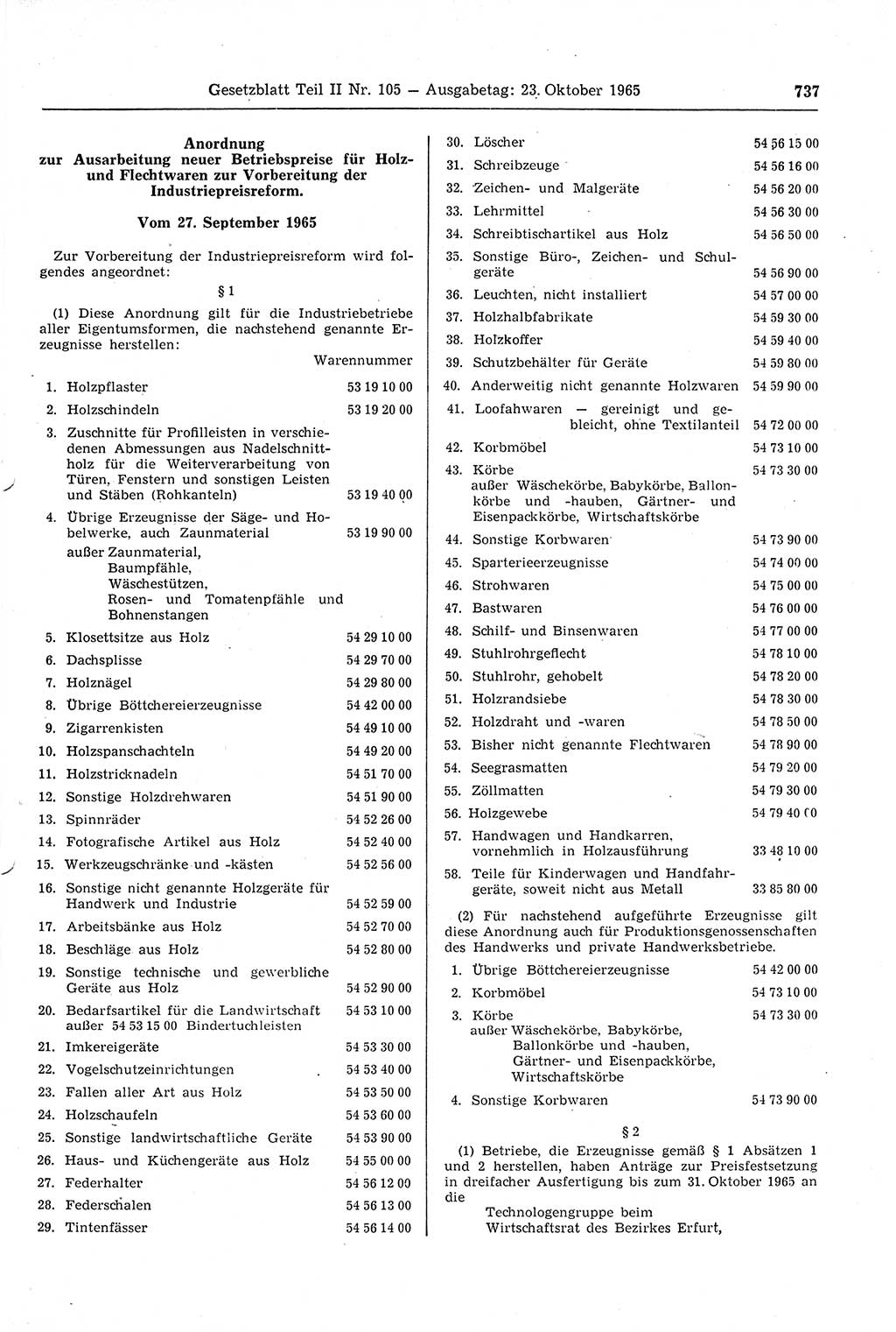 Gesetzblatt (GBl.) der Deutschen Demokratischen Republik (DDR) Teil ⅠⅠ 1965, Seite 737 (GBl. DDR ⅠⅠ 1965, S. 737)