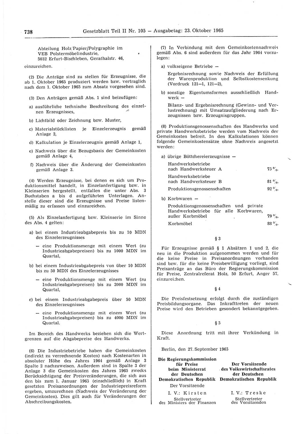 Gesetzblatt (GBl.) der Deutschen Demokratischen Republik (DDR) Teil ⅠⅠ 1965, Seite 738 (GBl. DDR ⅠⅠ 1965, S. 738)