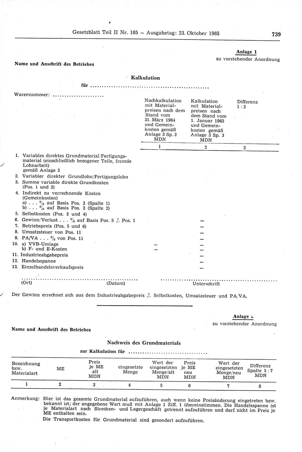 Gesetzblatt (GBl.) der Deutschen Demokratischen Republik (DDR) Teil ⅠⅠ 1965, Seite 739 (GBl. DDR ⅠⅠ 1965, S. 739)