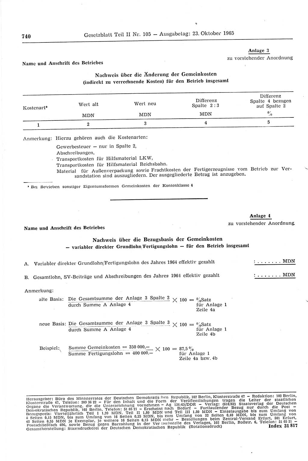 Gesetzblatt (GBl.) der Deutschen Demokratischen Republik (DDR) Teil ⅠⅠ 1965, Seite 740 (GBl. DDR ⅠⅠ 1965, S. 740)