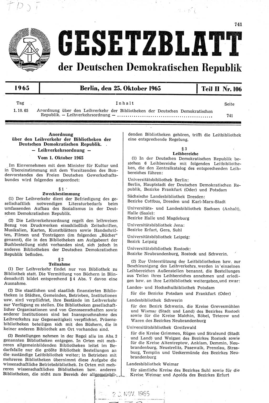 Gesetzblatt (GBl.) der Deutschen Demokratischen Republik (DDR) Teil ⅠⅠ 1965, Seite 741 (GBl. DDR ⅠⅠ 1965, S. 741)