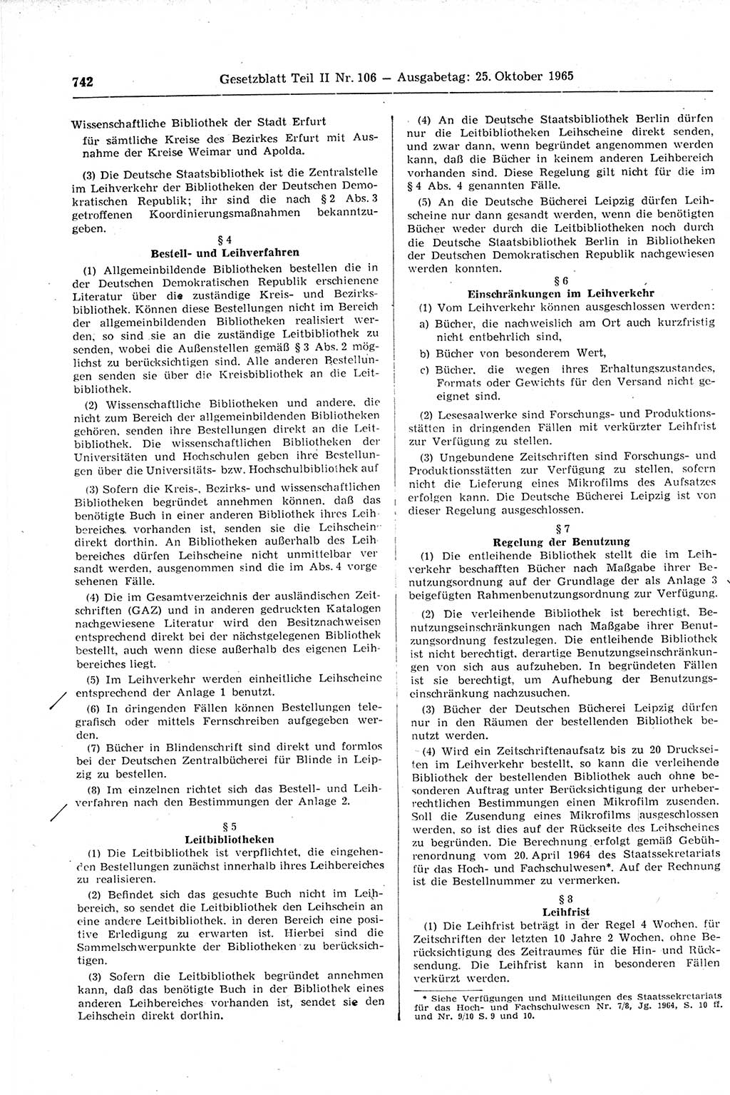 Gesetzblatt (GBl.) der Deutschen Demokratischen Republik (DDR) Teil ⅠⅠ 1965, Seite 742 (GBl. DDR ⅠⅠ 1965, S. 742)