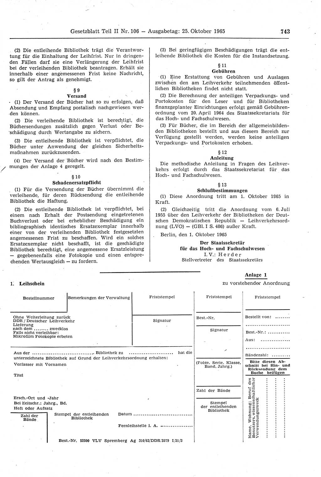 Gesetzblatt (GBl.) der Deutschen Demokratischen Republik (DDR) Teil ⅠⅠ 1965, Seite 743 (GBl. DDR ⅠⅠ 1965, S. 743)
