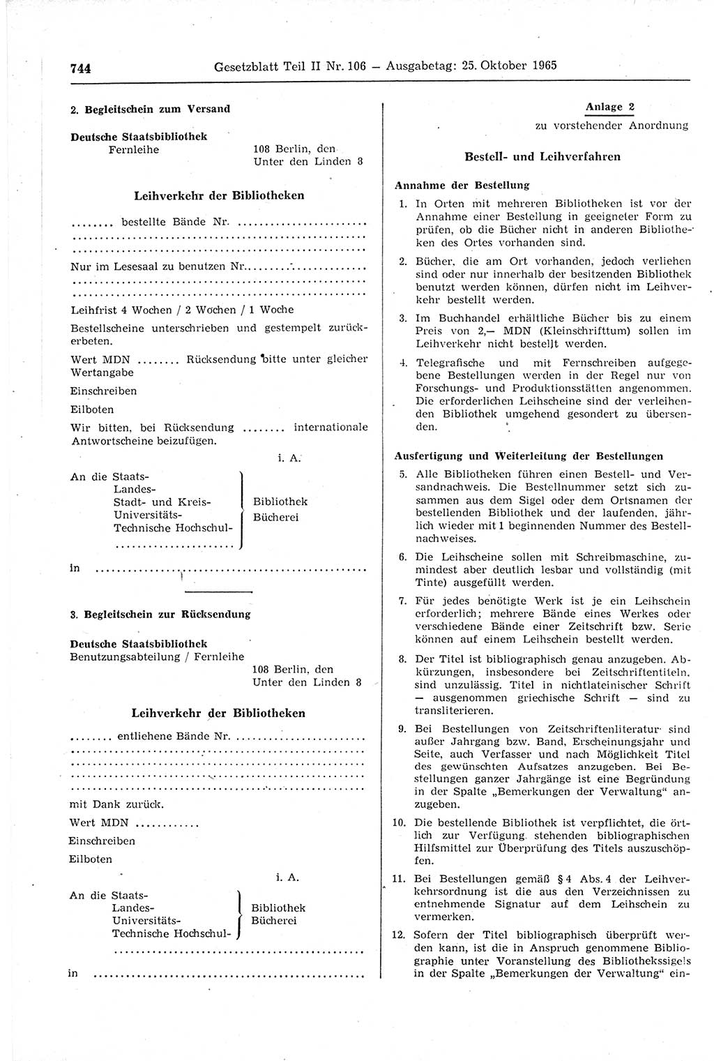 Gesetzblatt (GBl.) der Deutschen Demokratischen Republik (DDR) Teil ⅠⅠ 1965, Seite 744 (GBl. DDR ⅠⅠ 1965, S. 744)