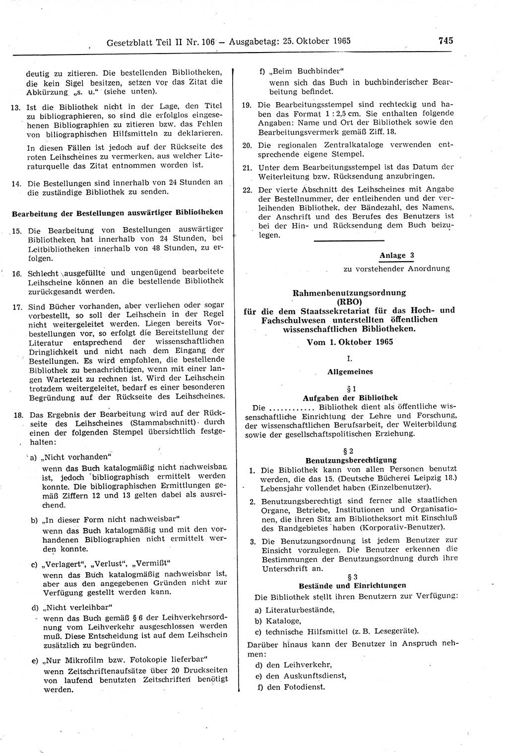 Gesetzblatt (GBl.) der Deutschen Demokratischen Republik (DDR) Teil ⅠⅠ 1965, Seite 745 (GBl. DDR ⅠⅠ 1965, S. 745)