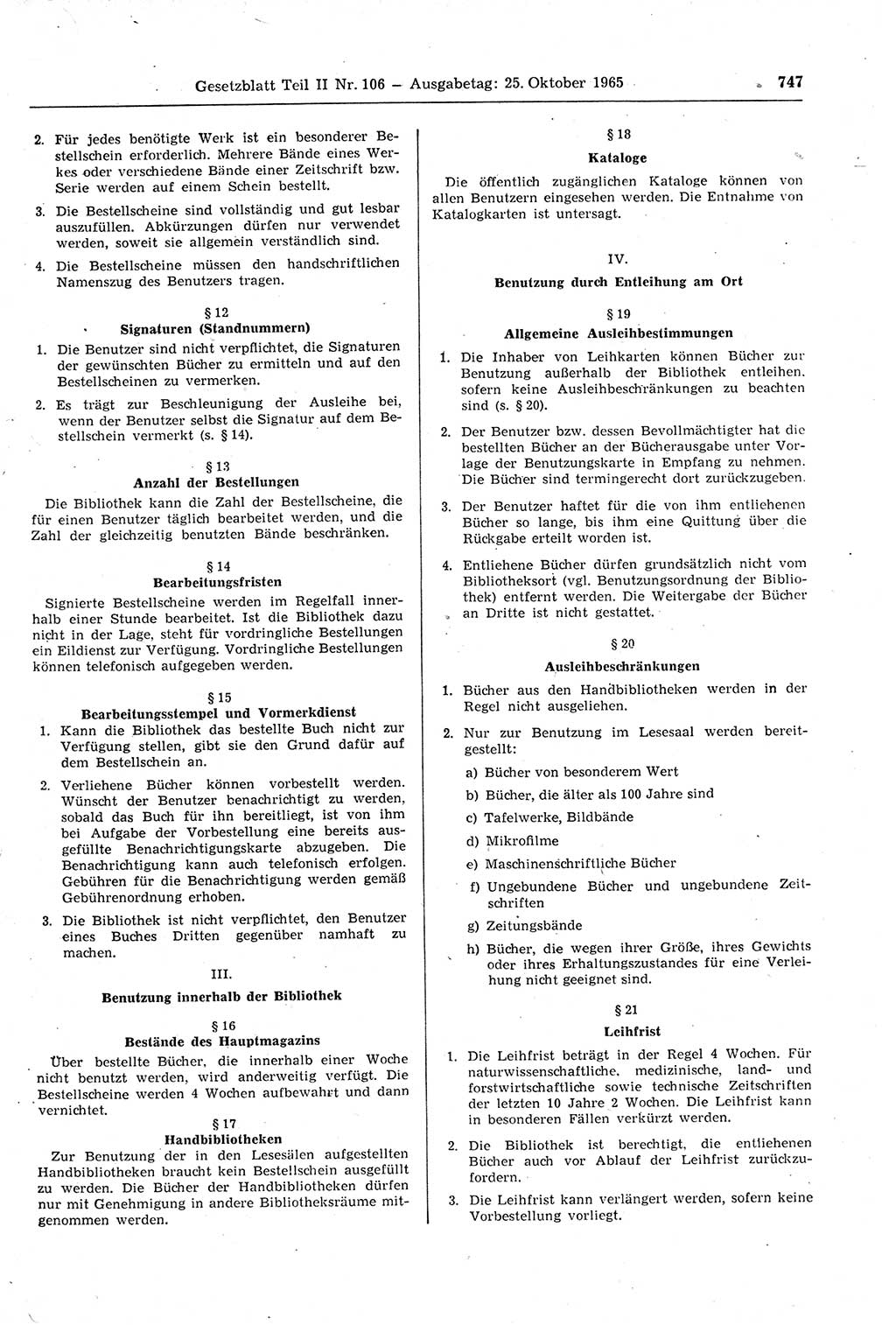 Gesetzblatt (GBl.) der Deutschen Demokratischen Republik (DDR) Teil ⅠⅠ 1965, Seite 747 (GBl. DDR ⅠⅠ 1965, S. 747)