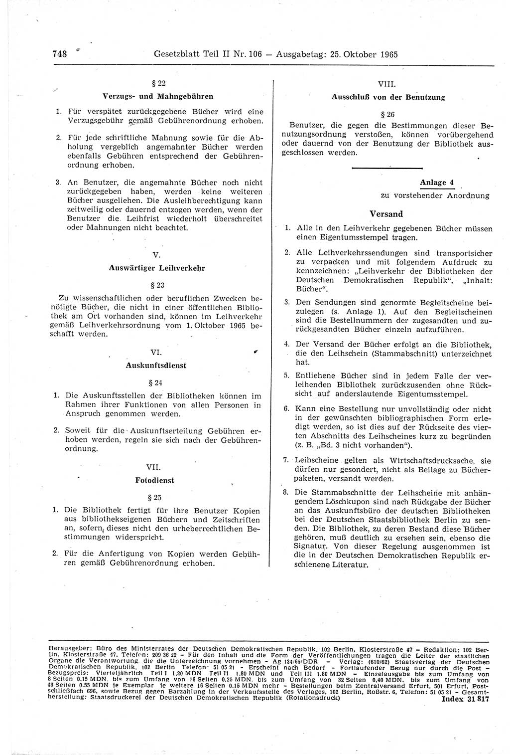 Gesetzblatt (GBl.) der Deutschen Demokratischen Republik (DDR) Teil ⅠⅠ 1965, Seite 748 (GBl. DDR ⅠⅠ 1965, S. 748)