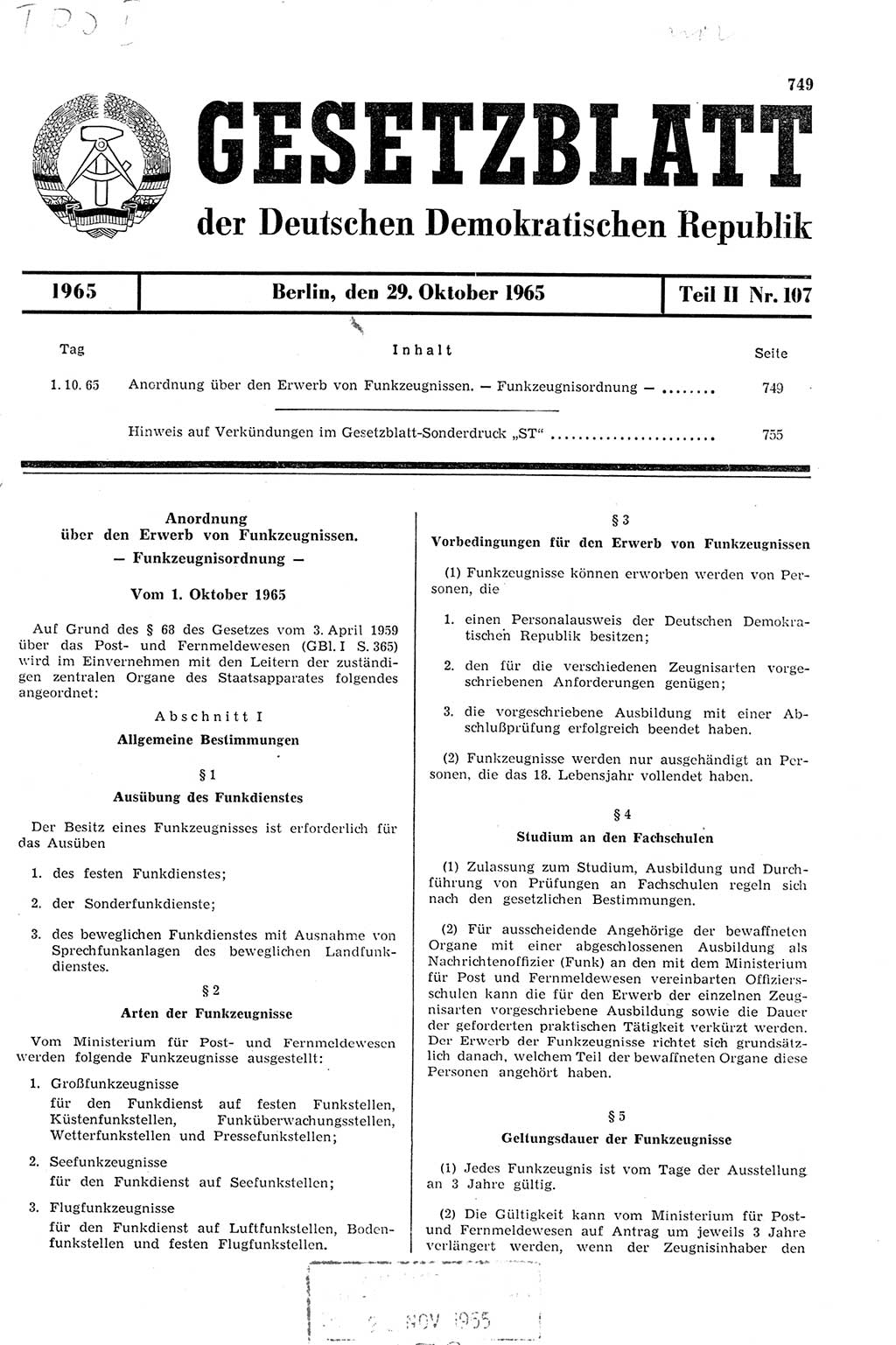 Gesetzblatt (GBl.) der Deutschen Demokratischen Republik (DDR) Teil ⅠⅠ 1965, Seite 749 (GBl. DDR ⅠⅠ 1965, S. 749)