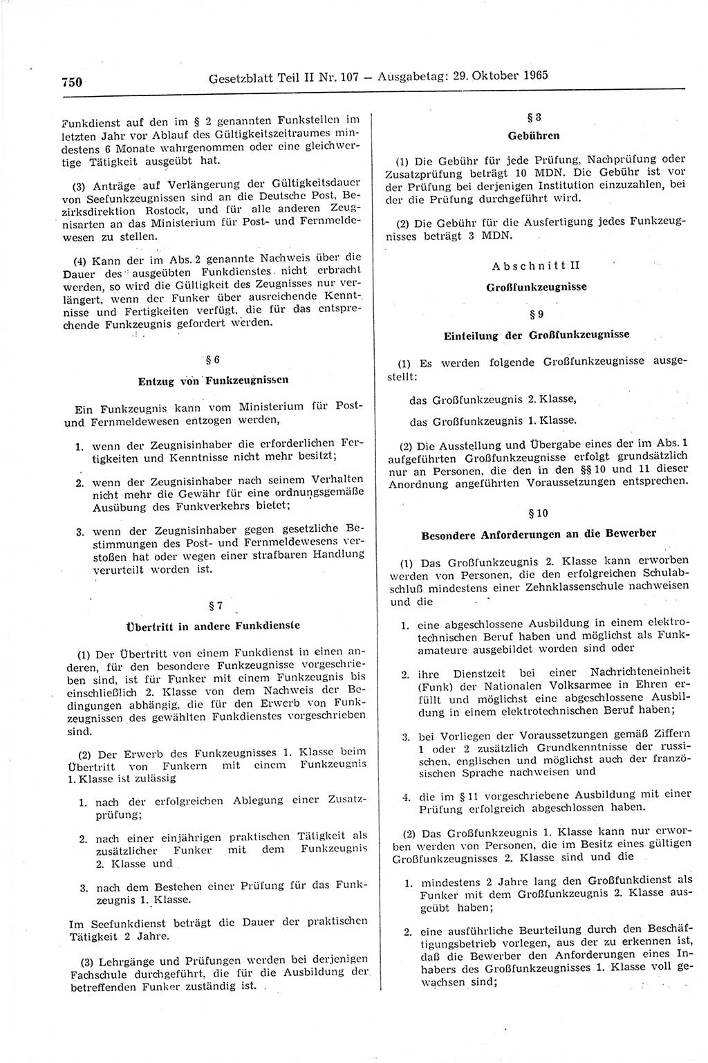 Gesetzblatt (GBl.) der Deutschen Demokratischen Republik (DDR) Teil ⅠⅠ 1965, Seite 750 (GBl. DDR ⅠⅠ 1965, S. 750)
