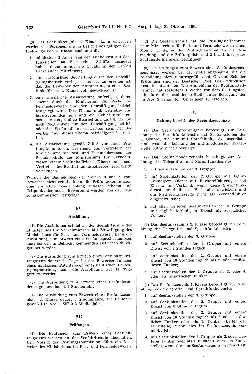 Gesetzblatt (GBl.) der Deutschen Demokratischen Republik (DDR) Teil ⅠⅠ 1965, Seite 752 (GBl. DDR ⅠⅠ 1965, S. 752)