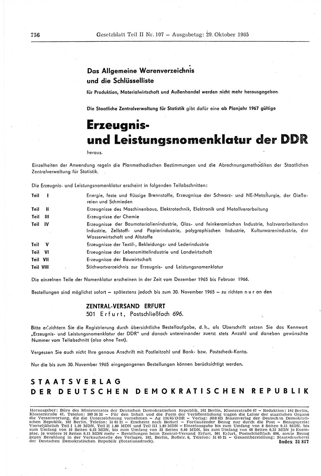 Gesetzblatt (GBl.) der Deutschen Demokratischen Republik (DDR) Teil ⅠⅠ 1965, Seite 756 (GBl. DDR ⅠⅠ 1965, S. 756)