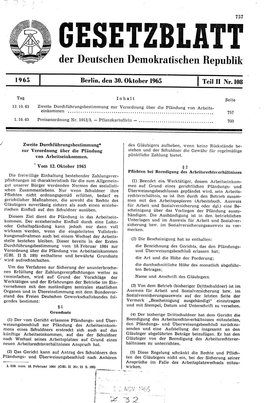 Gesetzblatt (GBl.) der Deutschen Demokratischen Republik (DDR) Teil ⅠⅠ 1965, Seite 757 (GBl. DDR ⅠⅠ 1965, S. 757)