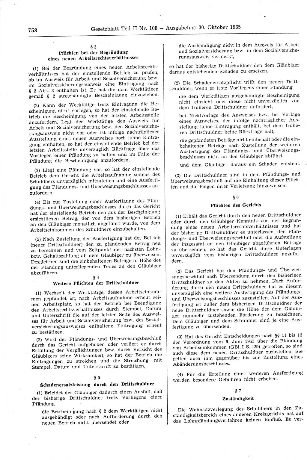 Gesetzblatt (GBl.) der Deutschen Demokratischen Republik (DDR) Teil ⅠⅠ 1965, Seite 758 (GBl. DDR ⅠⅠ 1965, S. 758)