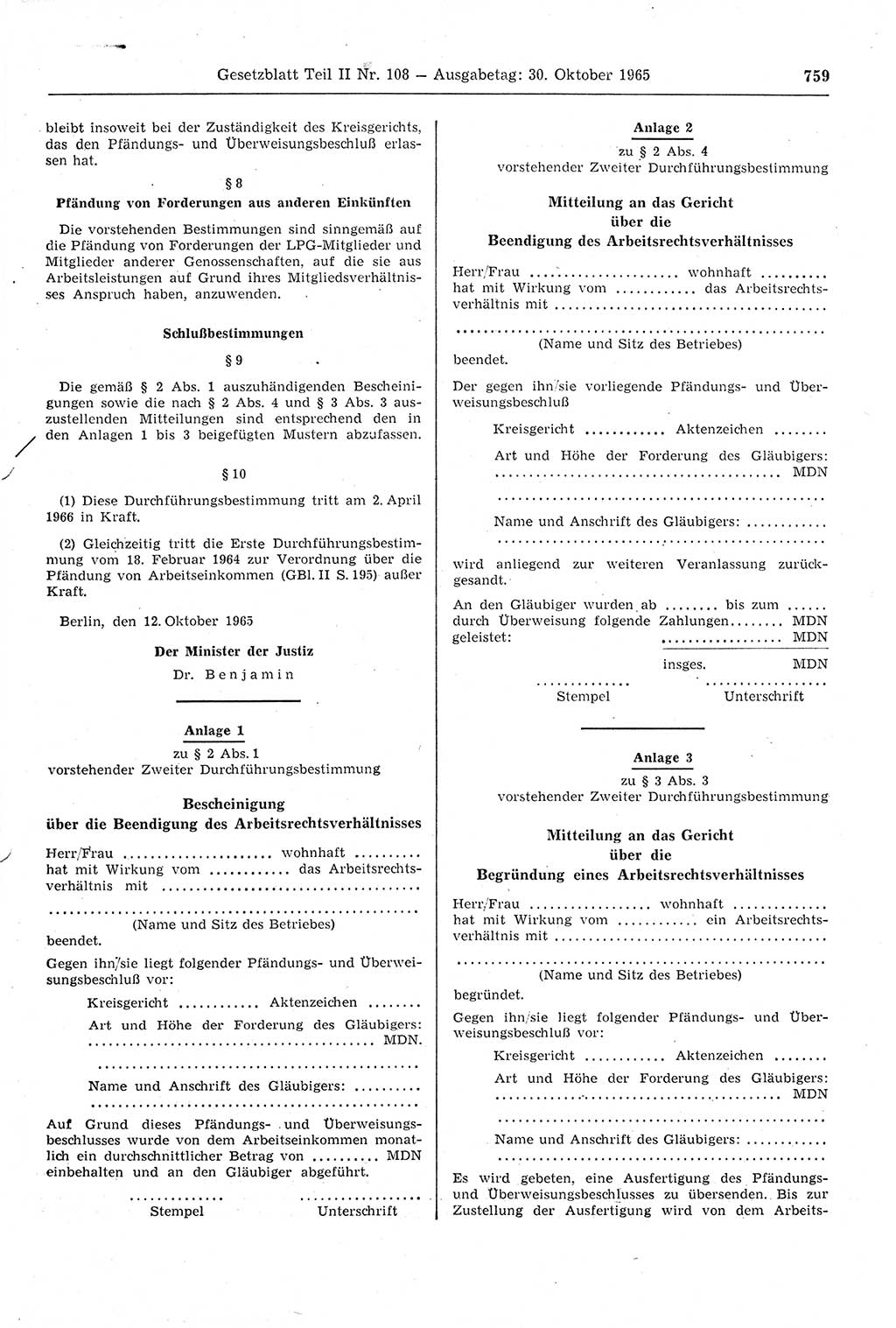 Gesetzblatt (GBl.) der Deutschen Demokratischen Republik (DDR) Teil ⅠⅠ 1965, Seite 759 (GBl. DDR ⅠⅠ 1965, S. 759)