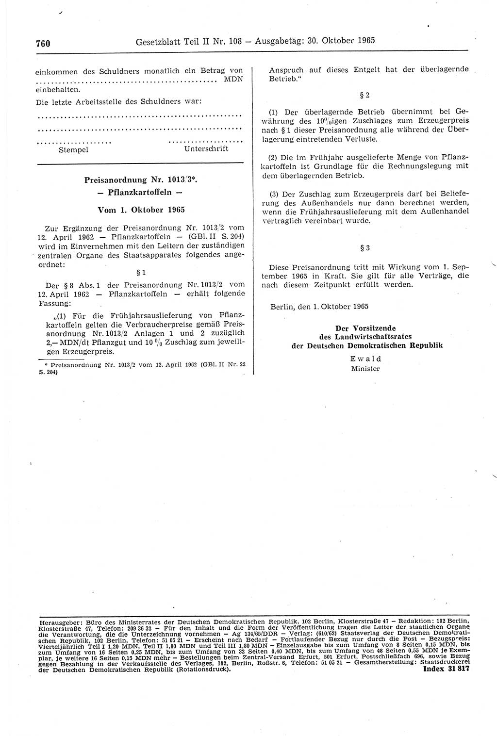 Gesetzblatt (GBl.) der Deutschen Demokratischen Republik (DDR) Teil ⅠⅠ 1965, Seite 760 (GBl. DDR ⅠⅠ 1965, S. 760)
