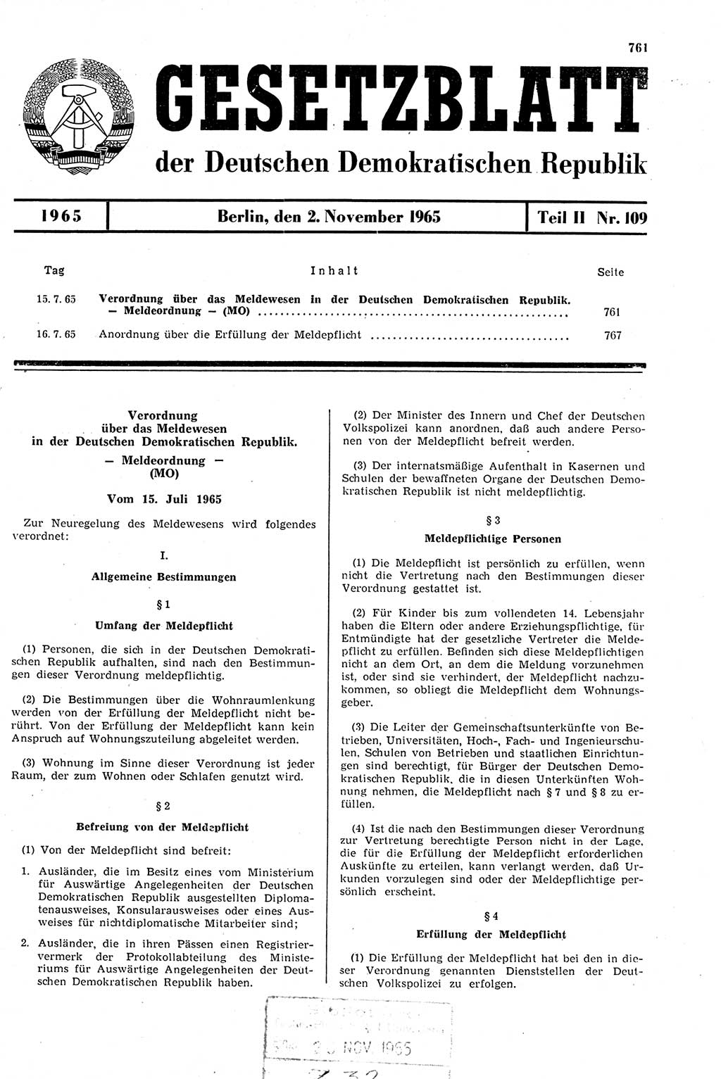 Gesetzblatt (GBl.) der Deutschen Demokratischen Republik (DDR) Teil ⅠⅠ 1965, Seite 761 (GBl. DDR ⅠⅠ 1965, S. 761)