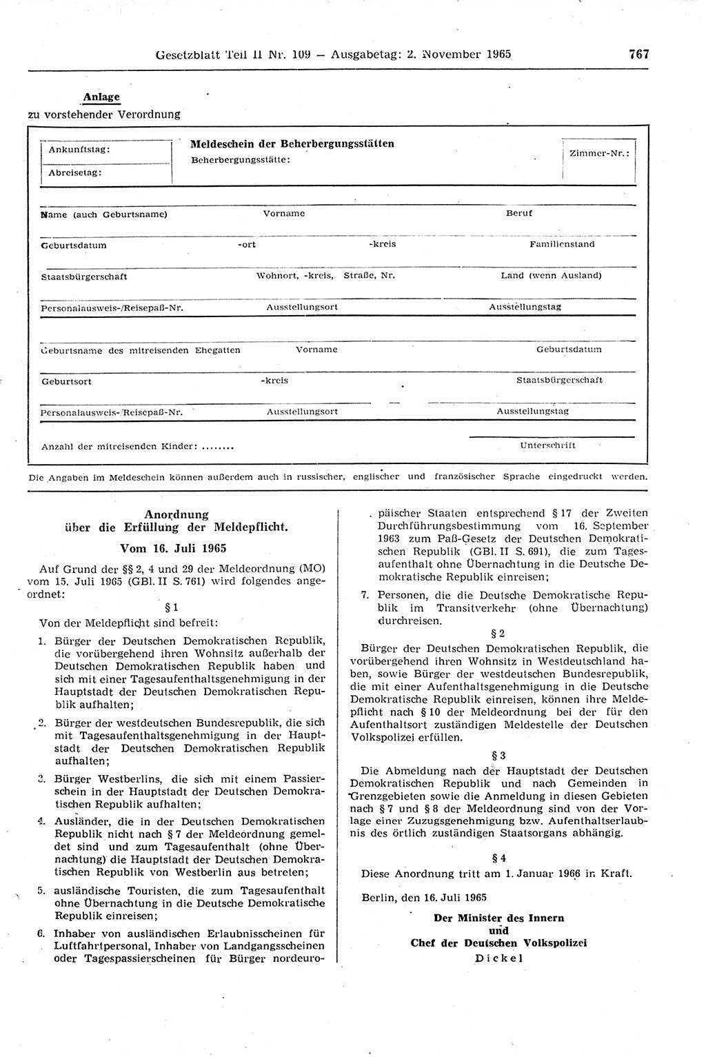 Gesetzblatt (GBl.) der Deutschen Demokratischen Republik (DDR) Teil ⅠⅠ 1965, Seite 767 (GBl. DDR ⅠⅠ 1965, S. 767)