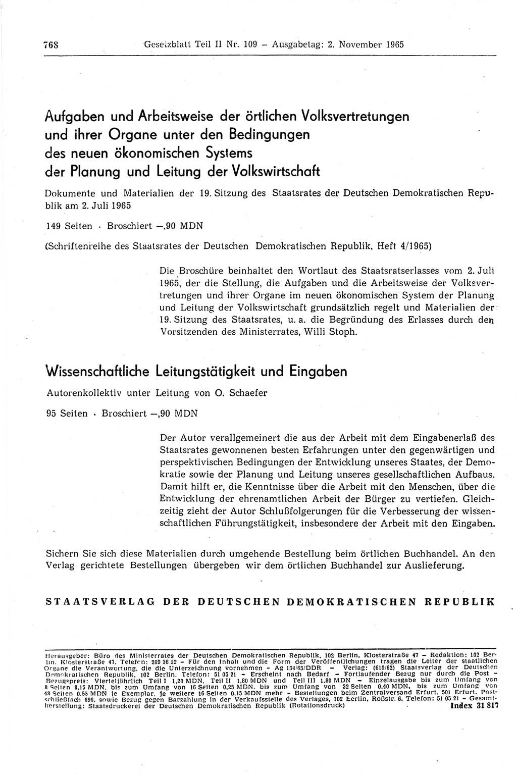 Gesetzblatt (GBl.) der Deutschen Demokratischen Republik (DDR) Teil ⅠⅠ 1965, Seite 768 (GBl. DDR ⅠⅠ 1965, S. 768)