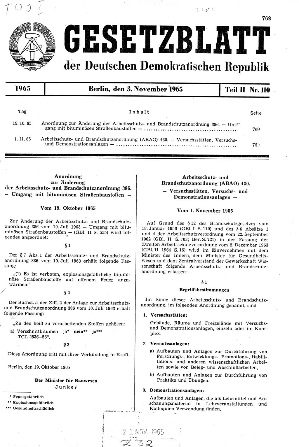 Gesetzblatt (GBl.) der Deutschen Demokratischen Republik (DDR) Teil ⅠⅠ 1965, Seite 769 (GBl. DDR ⅠⅠ 1965, S. 769)