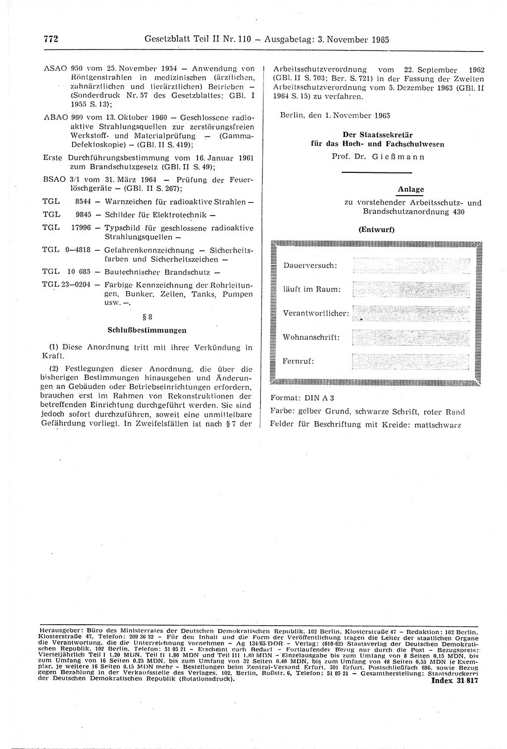 Gesetzblatt (GBl.) der Deutschen Demokratischen Republik (DDR) Teil ⅠⅠ 1965, Seite 772 (GBl. DDR ⅠⅠ 1965, S. 772)