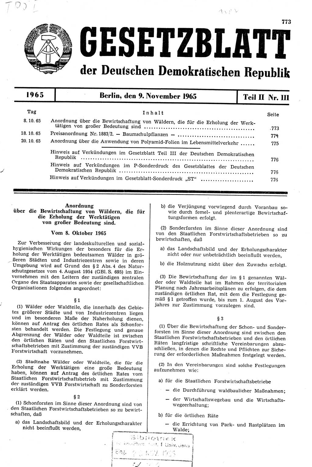 Gesetzblatt (GBl.) der Deutschen Demokratischen Republik (DDR) Teil ⅠⅠ 1965, Seite 773 (GBl. DDR ⅠⅠ 1965, S. 773)